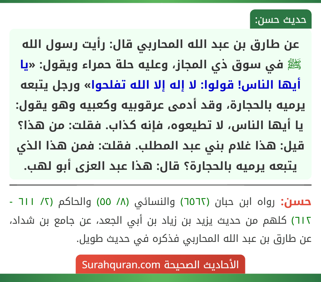 عن طارق بن عبد الله المحاربي قال: رأيت رسول الله ﷺ في سوق ذي المجاز، وعليه حلة حمراء ويقول: «يا أيها الناس! قولوا: لا إله إلا الله تفلحوا» ورجل يتبعه يرميه بالحجارة، وقد أدمى عرقوبيه وكعبيه وهو يقول: يا أيها الناس، لا تطيعوه، فإنه كذاب. فقلت: من هذا؟ قيل: هذا غلام بني عبد المطلب. فقلت: فمن هذا الذي يتبعه يرميه بالحجارة؟ قال: هذا عبد العزى أبو لهب.