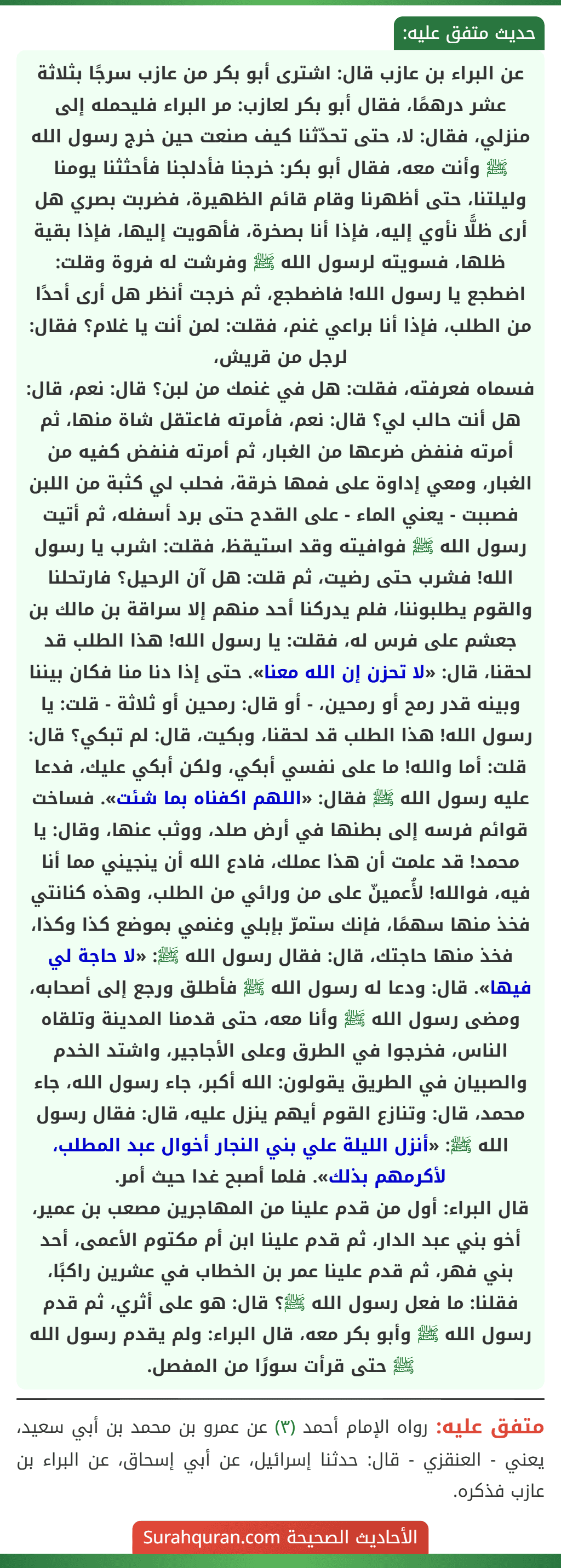 عن البراء بن عازب قال: اشترى أبو بكر من عازب سرجًا بثلاثة عشر درهمًا، فقال أبو بكر لعازب: مر البراء فليحمله إلى منزلي، فقال: لا، حتى تحدّثنا كيف صنعت حين خرج رسول الله ﷺ وأنت معه، فقال أبو بكر: خرجنا فأدلجنا فأحثثنا يومنا وليلتنا، حتى أظهرنا وقام قائم الظهيرة، فضربت بصري هل أرى ظلًّا نأوي إليه، فإذا أنا بصخرة، فأهويت إليها، فإذا بقية ظلها، فسويته لرسول الله ﷺ وفرشت له فروة وقلت: اضطجع يا رسول الله! فاضطجع، ثم خرجت أنظر هل أرى أحدًا من الطلب، فإذا أنا براعي غنم، فقلت: لمن أنت يا غلام؟ فقال: لرجل من قريش،
فسماه فعرفته، فقلت: هل في غنمك من لبن؟ قال: نعم، قال: هل أنت حالب لي؟ قال: نعم، فأمرته فاعتقل شاة منها، ثم أمرته فنفض ضرعها من الغبار، ثم أمرته فنفض كفيه من الغبار، ومعي إداوة على فمها خرقة، فحلب لي كثبة من اللبن فصببت - يعني الماء - على القدح حتى برد أسفله، ثم أتيت رسول الله ﷺ فوافيته وقد استيقظ، فقلت: اشرب يا رسول الله! فشرب حتى رضيت، ثم قلت: هل آن الرحيل؟ فارتحلنا والقوم يطلبوننا، فلم يدركنا أحد منهم إلا سراقة بن مالك بن جعشم على فرس له، فقلت: يا رسول الله! هذا الطلب قد لحقنا، قال: «لا تحزن إن الله معنا». حتى إذا دنا منا فكان بيننا وبينه قدر رمح أو رمحين، - أو قال: رمحين أو ثلاثة - قلت: يا رسول الله! هذا الطلب قد لحقنا، وبكيت، قال: لم تبكي؟ قال: قلت: أما والله! ما على نفسي أبكي، ولكن أبكي عليك، فدعا عليه رسول الله ﷺ فقال: «اللهم اكفناه بما شئت». فساخت قوائم فرسه إلى بطنها في أرض صلد، ووثب عنها، وقال: يا محمد! قد علمت أن هذا عملك، فادع الله أن ينجيني مما أنا فيه، فوالله! لأُعمينّ على من ورائي من الطلب، وهذه كنانتي فخذ منها سهمًا، فإنك ستمرّ بإبلي وغنمي بموضع كذا وكذا، فخذ منها حاجتك، قال: فقال رسول الله ﷺ: «لا حاجة لي فيها». قال: ودعا له رسول الله ﷺ فأطلق ورجع إلى أصحابه، ومضى رسول الله ﷺ وأنا معه، حتى قدمنا المدينة وتلقاه الناس، فخرجوا في الطرق وعلى الأجاجير، واشتد الخدم والصبيان في الطريق يقولون: الله أكبر، جاء رسول الله، جاء محمد، قال: وتنازع القوم أيهم ينزل عليه، قال: فقال رسول الله ﷺ: «أنزل الليلة علي بني النجار أخوال عبد المطلب، لأكرمهم بذلك». فلما أصبح غدا حيث أمر.
قال البراء: أول من قدم علينا من المهاجرين مصعب بن عمير، أخو بني عبد الدار، ثم قدم علينا ابن أم مكتوم الأعمى، أحد بني فهر، ثم قدم علينا عمر بن الخطاب في عشرين راكبًا، فقلنا: ما فعل رسول الله ﷺ؟ قال: هو على أثري، ثم قدم رسول الله ﷺ وأبو بكر معه، قال البراء: ولم يقدم رسول الله ﷺ حتى قرأت سورًا من المفصل.