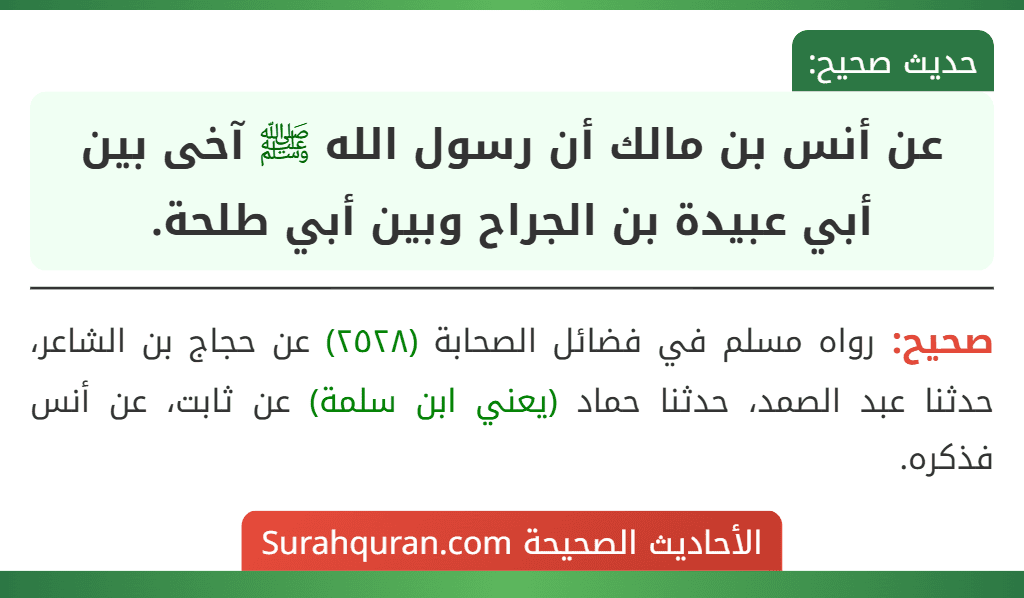 عن أنس بن مالك أن رسول الله ﷺ آخى بين أبي عبيدة بن الجراح وبين أبي طلحة. عن أنس بن مالك أن رسول الله ﷺ آخى بين أبي عبيدة بن الجراح وبين أبي طلحة.