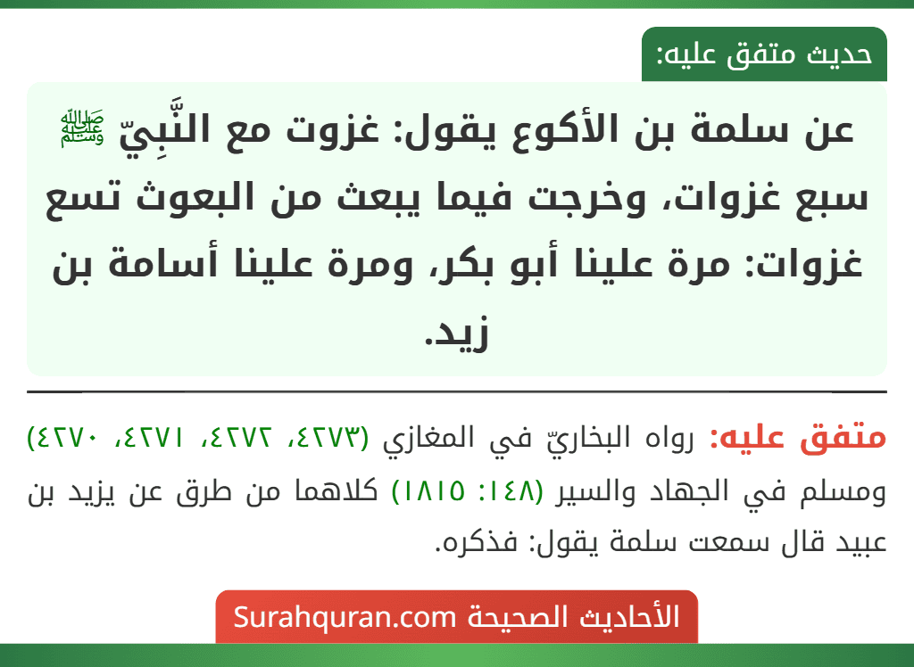 عن سلمة بن الأكوع يقول: غزوت مع النَّبِيّ ﷺ سبع غزوات، وخرجت فيما يبعث من البعوث تسع غزوات: مرة علينا أبو بكر، ومرة علينا أسامة بن زيد.