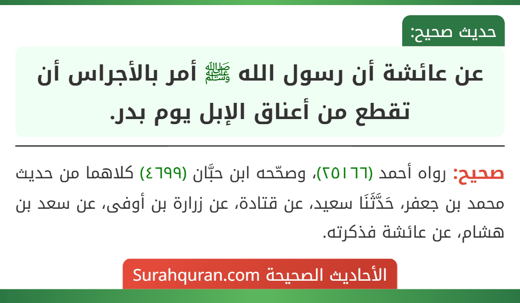 عن عائشة أن رسول الله ﷺ أمر بالأجراس أن تقطع من أعناق الإبل يوم بدر. عن عائشة أن رسول الله ﷺ أمر بالأجراس أن تقطع من أعناق الإبل يوم بدر.