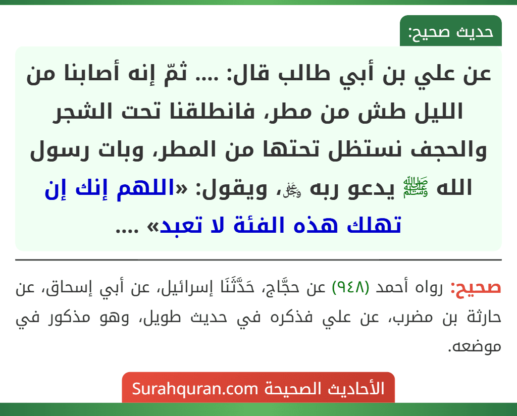 عن علي بن أبي طالب قال: .... ثمّ إنه أصابنا من الليل طش من مطر، فانطلقنا تحت الشجر والحجف نستظل تحتها من المطر، وبات رسول الله ﷺ يدعو ربه ﷿، ويقول: «اللهم إنك إن تهلك هذه الفئة لا تعبد» ....
