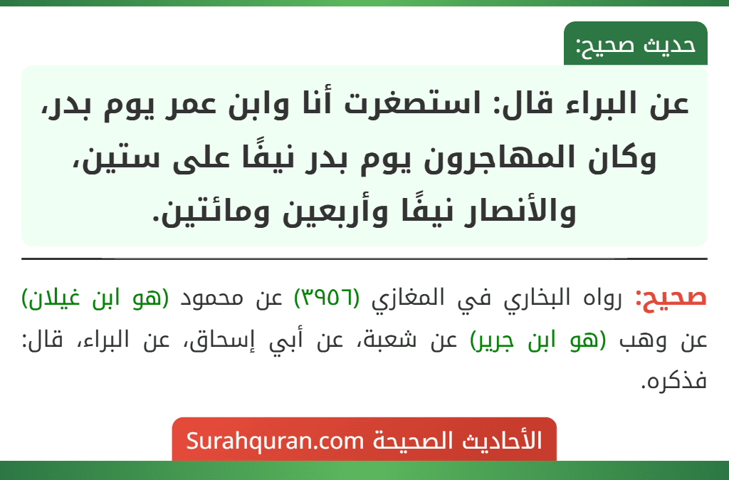 عن البراء قال: استصغرت أنا وابن عمر يوم بدر، وكان المهاجرون يوم بدر نيفًا على ستين، والأنصار نيفًا وأربعين ومائتين.
