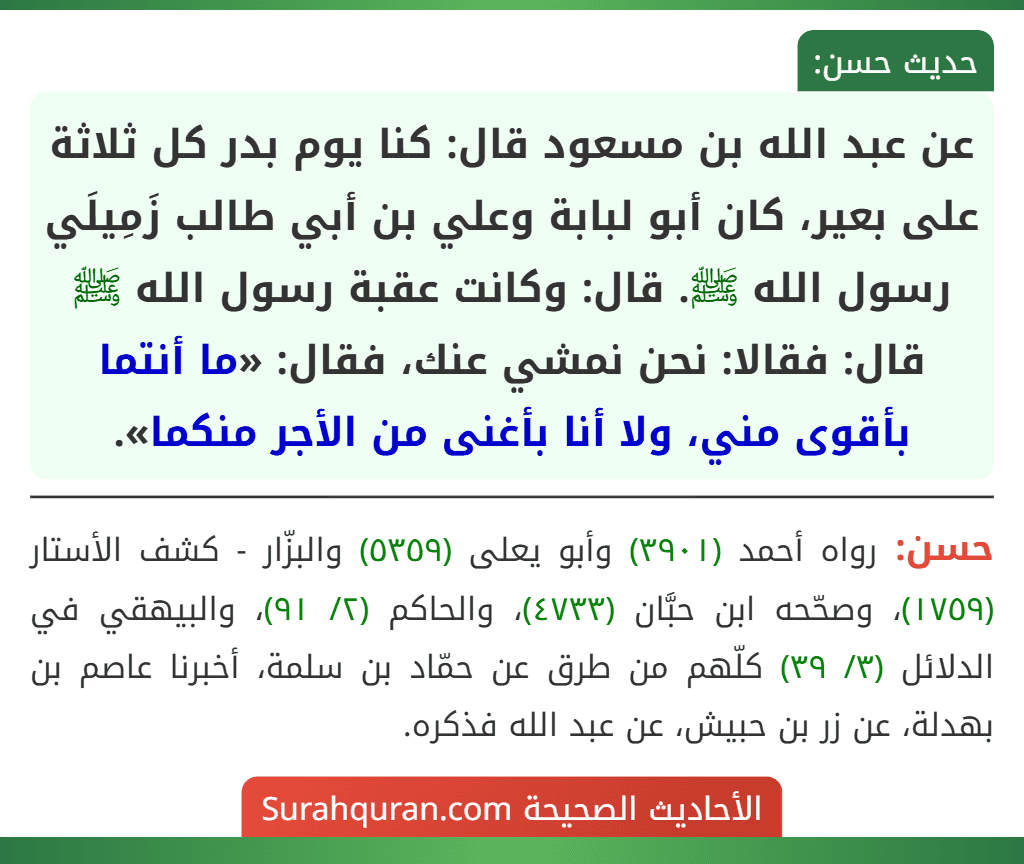 عن عبد الله بن مسعود قال: كنا يوم بدر كل ثلاثة على بعير، كان أبو لبابة وعلي بن أبي طالب زَمِيلَي رسول الله ﷺ. قال: وكانت عقبة رسول الله ﷺ قال: فقالا: نحن نمشي عنك، فقال: «ما أنتما بأقوى مني، ولا أنا بأغنى من الأجر منكما».