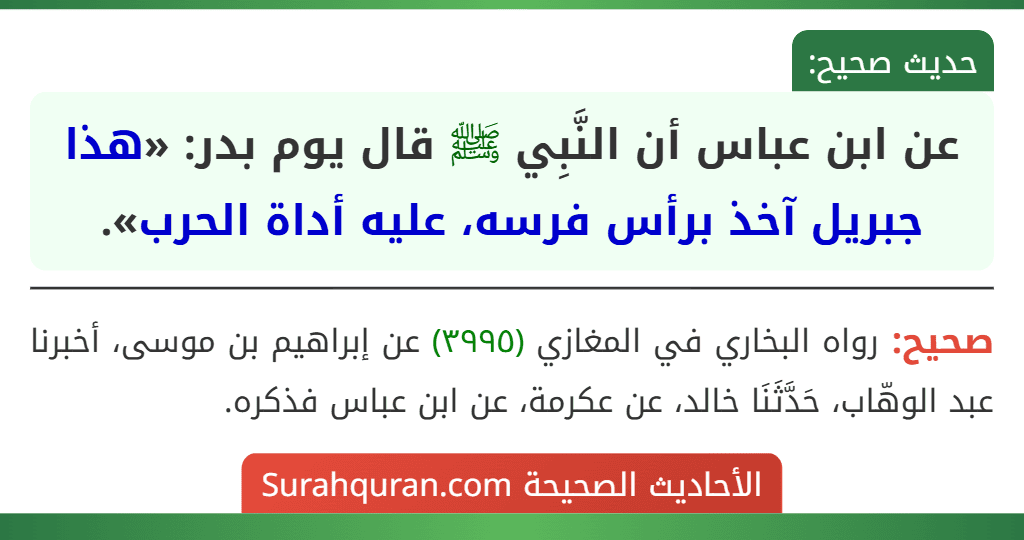 عن ابن عباس أن النَّبِي ﷺ قال يوم بدر: «هذا جبريل آخذ برأس فرسه، عليه أداة الحرب».