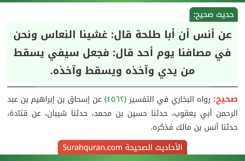 عن أنس أن أبا طلحة قال: غشينا النعاس ونحن في مصافنا يوم أحد قال: فجعل سيفي يسقط من يدي وآخذه ويسقط وآخذه.