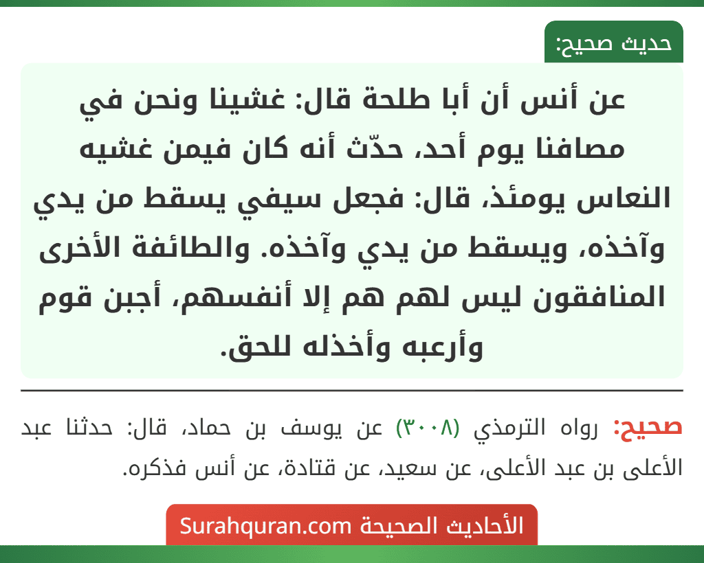 عن أنس أن أبا طلحة قال: غشينا ونحن في مصافنا يوم أحد، حدّث أنه كان فيمن غشيه النعاس يومئذ، قال: فجعل سيفي يسقط من يدي وآخذه، ويسقط من يدي وآخذه. والطائفة الأخرى المنافقون ليس لهم هم إلا أنفسهم، أجبن قوم وأرعبه وأخذله للحق.