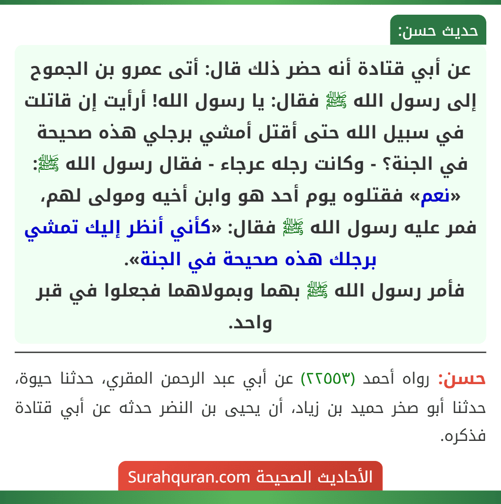 عن أبي قتادة أنه حضر ذلك قال: أتى عمرو بن الجموح إلى رسول الله ﷺ فقال: يا رسول الله! أرأيت إن قاتلت في سبيل الله حتى أقتل أمشي برجلي هذه صحيحة في الجنة؟ - وكانت رجله عرجاء - فقال رسول الله ﷺ: «نعم» فقتلوه يوم أحد هو وابن أخيه ومولى لهم، فمر عليه رسول الله ﷺ فقال: «كأني أنظر إليك تمشي برجلك هذه صحيحة في الجنة».
فأمر رسول الله ﷺ بهما وبمولاهما فجعلوا في قبر واحد.