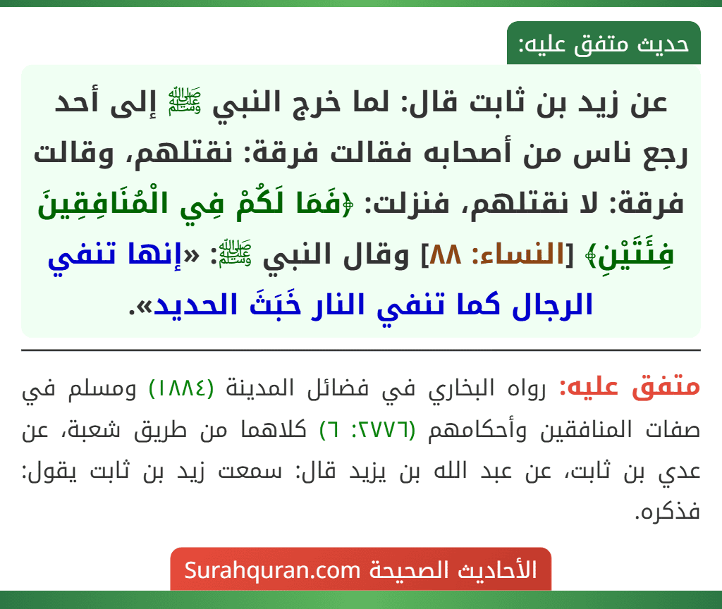 عن زيد بن ثابت قال: لما خرج النبي ﷺ إلى أحد رجع ناس من أصحابه فقالت فرقة: نقتلهم، وقالت فرقة: لا نقتلهم، فنزلت: ﴿فَمَا لَكُمْ فِي الْمُنَافِقِينَ فِئَتَيْنِ﴾ [النساء: ٨٨] وقال النبي ﷺ: «إنها تنفي الرجال كما تنفي النار خَبَثَ الحديد».