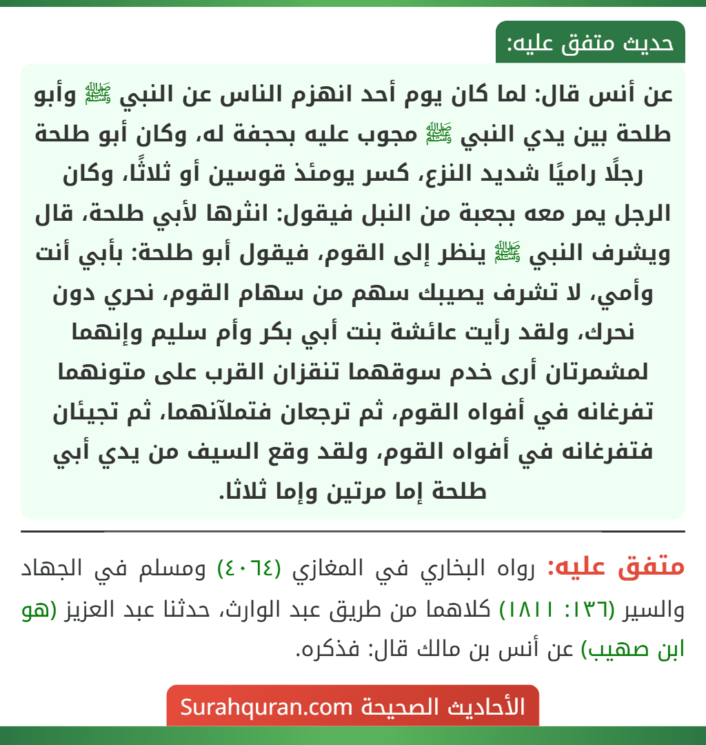 عن أنس قال: لما كان يوم أحد انهزم الناس عن النبي ﷺ وأبو طلحة بين يدي النبي ﷺ مجوب عليه بحجفة له، وكان أبو طلحة رجلًا راميًا شديد النزع، كسر يومئذ قوسين أو ثلاثًا، وكان الرجل يمر معه بجعبة من النبل فيقول: انثرها لأبي طلحة، قال ويشرف النبي ﷺ ينظر إلى القوم، فيقول أبو طلحة: بأبي أنت وأمي، لا تشرف يصيبك سهم من سهام القوم، نحري دون نحرك، ولقد رأيت عائشة بنت أبي بكر وأم سليم وإنهما لمشمرتان أرى خدم سوقهما تنقزان القرب على متونهما تفرغانه في أفواه القوم، ثم ترجعان فتملآنهما، ثم تجيئان فتفرغانه في أفواه القوم، ولقد وقع السيف من يدي أبي طلحة إما مرتين وإما ثلاثا.