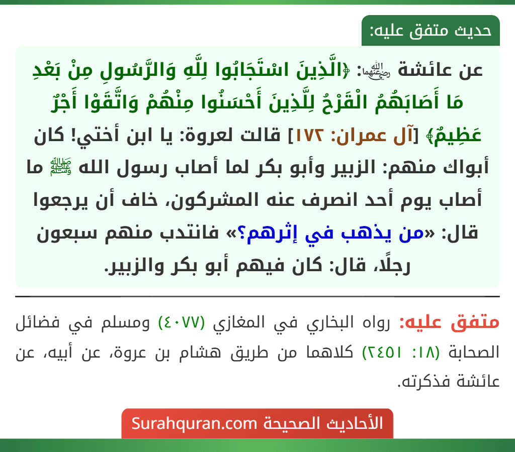 عن عائشة ﵄: ﴿الَّذِينَ اسْتَجَابُوا لِلَّهِ وَالرَّسُولِ مِنْ بَعْدِ مَا أَصَابَهُمُ الْقَرْحُ لِلَّذِينَ أَحْسَنُوا مِنْهُمْ وَاتَّقَوْا أَجْرٌ عَظِيمٌ﴾ [آل عمران: ١٧٢] قالت لعروة: يا ابن أختي! كان أبواك منهم: الزبير وأبو بكر لما أصاب رسول الله ﷺ ما أصاب يوم أحد انصرف عنه المشركون، خاف أن يرجعوا قال: «من يذهب في إثرهم؟» فانتدب منهم سبعون رجلًا، قال: كان فيهم أبو بكر والزبير.