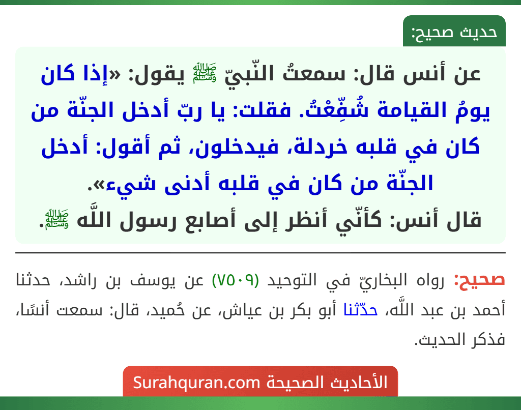 عن أنس قال: سمعتُ النّبيّ ﷺ يقول: «إذا كان يومُ القيامة شُفِّعْتُ. فقلت: يا ربّ أدخل الجنّة من كان في قلبه خردلة، فيدخلون، ثم أقول: أدخل الجنّة من كان في قلبه أدنى شيء».
قال أنس: كأنّي أنظر إلى أصابع رسول اللَّه ﷺ. عن أنس قال: سمعتُ النّبيّ ﷺ يقول: «إذا كان يومُ القيامة شُفِّعْتُ. فقلت: يا ربّ أدخل الجنّة من كان في قلبه خردلة، فيدخلون، ثم أقول: أدخل الجنّة من كان في قلبه أدنى شيء».
قال أنس: كأنّي أنظر إلى أصابع رسول اللَّه ﷺ.