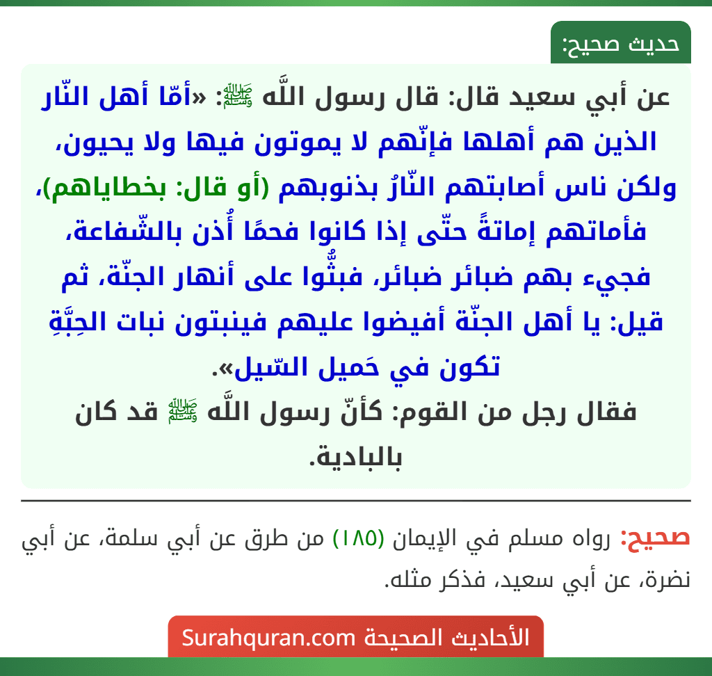 عن أبي سعيد قال: قال رسول اللَّه ﷺ: «أمّا أهل النّار الذين هم أهلها فإنّهم لا يموتون فيها ولا يحيون، ولكن ناس أصابتهم النّارُ بذنوبهم (أو قال: بخطاياهم)، فأماتهم إماتةً حتّى إذا كانوا فحمًا أُذن بالشّفاعة، فجيء بهم ضبائر ضبائر، فبثُّوا على أنهار الجنّة، ثم قيل: يا أهل الجنّة أفيضوا عليهم فينبتون نبات الحِبَّةِ تكون في حَميل السّيل».
فقال رجل من القوم: كأنّ رسول اللَّه ﷺ قد كان بالبادية.