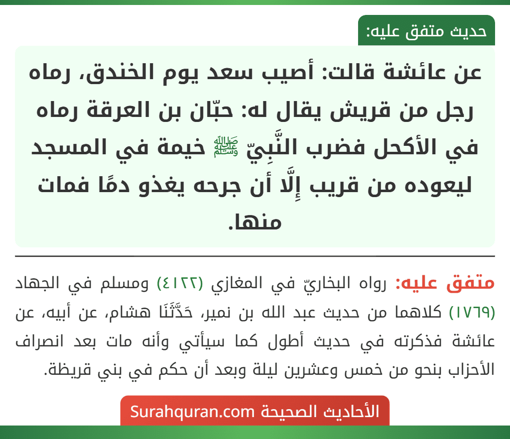 عن عائشة قالت: أصيب سعد يوم الخندق، رماه رجل من قريش يقال له: حبّان بن العرقة رماه في الأكحل فضرب النَّبِيّ ﷺ خيمة في المسجد ليعوده من قريب إِلَّا أن جرحه يغذو دمًا فمات منها.
