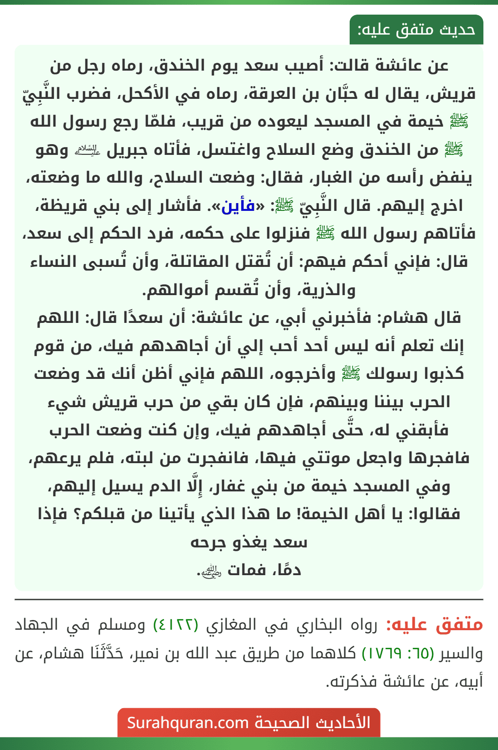 عن عائشة قالت: أصيب سعد يوم الخندق، رماه رجل من قريش، يقال له حبَّان بن العرقة، رماه في الأكحل، فضرب النَّبِيّ ﷺ خيمة في المسجد ليعوده من قريب، فلمّا رجع رسول الله ﷺ من الخندق وضع السلاح واغتسل، فأتاه جبريل ﵇ وهو ينفض رأسه من الغبار، فقال: وضعت السلاح، والله ما وضعته، اخرج إليهم. قال النَّبِيّ ﷺ: «فأين». فأشار إلى بني قريظة، فأتاهم رسول الله ﷺ فنزلوا على حكمه، فرد الحكم إلى سعد، قال: فإني أحكم فيهم: أن تُقتل المقاتلة، وأن تُسبى النساء والذرية، وأن تُقسم أموالهم.
قال هشام: فأخبرني أبي، عن عائشة: أن سعدًا قال: اللهم إنك تعلم أنه ليس أحد أحب إلي أن أجاهدهم فيك، من قوم كذبوا رسولك ﷺ وأخرجوه، اللهم فإني أظن أنك قد وضعت الحرب بيننا وبينهم، فإن كان بقي من حرب قريش شيء فأبقني له، حتَّى أجاهدهم فيك، وإن كنت وضعت الحرب فافجرها واجعل موتتي فيها، فانفجرت من لبته، فلم يرعهم، وفي المسجد خيمة من بني غفار، إِلَّا الدم يسيل إليهم، فقالوا: يا أهل الخيمة! ما هذا الذي يأتينا من قبلكم؟ فإذا سعد يغذو جرحه
دمًا، فمات ﵁.