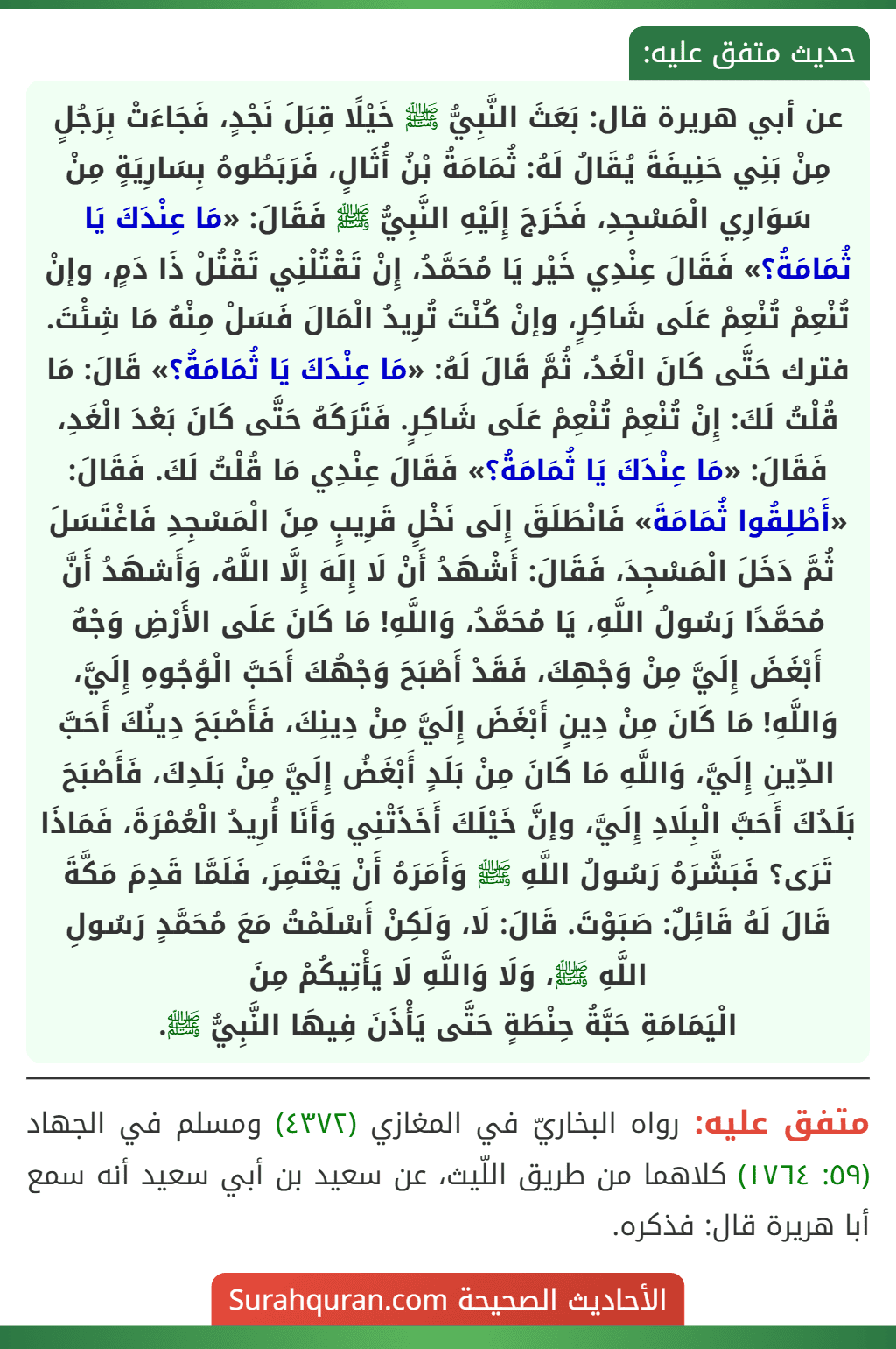 عن أبي هريرة قال: بَعَثَ النَّبِيُّ ﷺ خَيْلًا قِبَلَ نَجْدٍ، فَجَاءَتْ بِرَجُلٍ مِنْ بَنِي حَنِيفَةَ يُقَالُ لَهُ: ثُمَامَةُ بْنُ أُثَالٍ، فَرَبَطُوهُ بِسَارِيَةٍ مِنْ سَوَارِي الْمَسْجِدِ، فَخَرَجَ إِلَيْهِ النَّبِيُّ ﷺ فَقَالَ: «مَا عِنْدَكَ يَا ثُمَامَةُ؟» فَقَالَ عِنْدِي خَيْر يَا مُحَمَّدُ، إِنْ تَقْتُلْنِي تَقْتُلْ ذَا دَمٍ، وإنْ تُنْعِمْ تُنْعِمْ عَلَى شَاكِرٍ، وإنْ كُنْتَ تُرِيدُ الْمَالَ فَسَلْ مِنْهُ مَا شِئْتَ. فترك حَتَّى كَانَ الْغَدُ، ثُمَّ قَالَ لَهُ: «مَا عِنْدَكَ يَا ثُمَامَةُ؟» قَالَ: مَا قُلْتُ لَكَ: إِنْ تُنْعِمْ تُنْعِمْ عَلَى شَاكِرٍ. فَتَرَكَهُ حَتَّى كَانَ بَعْدَ الْغَدِ، فَقَالَ: «مَا عِنْدَكَ يَا ثُمَامَةُ؟» فَقَالَ عِنْدِي مَا قُلْتُ لَكَ. فَقَالَ: «أَطْلِقُوا ثُمَامَةَ» فَانْطَلَقَ إِلَى نَخْلٍ قَرِيبٍ مِنَ الْمَسْجِدِ فَاغْتَسَلَ ثُمَّ دَخَلَ الْمَسْجِدَ، فَقَالَ: أَشْهَدُ أَنْ لَا إِلَهَ إِلَّا اللَّهُ، وَأَشهَدُ أَنَّ مُحَمَّدًا رَسُولُ اللَّهِ، يَا مُحَمَّدُ، وَاللَّهِ! مَا كَانَ عَلَى الأَرْضِ وَجْهٌ أَبْغَضَ إِلَيَّ مِنْ وَجْهِكَ، فَقَدْ أَصْبَحَ وَجْهُكَ أَحَبَّ الْوُجُوهِ إِلَيَّ، وَاللَّهِ! مَا كَانَ مِنْ دِينٍ أَبْغَضَ إِلَيَّ مِنْ دِينِكَ، فَأَصْبَحَ دِينُكَ أَحَبَّ الدِّينِ إِلَيَّ، وَاللَّهِ مَا كَانَ مِنْ بَلَدٍ أَبْغَضُ إِلَيَّ مِنْ بَلَدِكَ، فَأَصْبَحَ بَلَدُكَ أَحَبَّ الْبِلَادِ إِلَيَّ، وإنَّ خَيْلَكَ أَخَذَتْنِي وَأَنَا أُرِيدُ الْعُمْرَةَ، فَمَاذَا تَرَى؟ فَبَشَّرَهُ رَسُولُ اللَّهِ ﷺ وَأَمَرَهُ أَنْ يَعْتَمِرَ، فَلَمَّا قَدِمَ مَكَّةَ قَالَ لَهُ قَائِلٌ: صَبَوْتَ. قَالَ: لَا، وَلَكِنْ أَسْلَمْتُ مَعَ مُحَمَّدٍ رَسُولِ اللَّهِ ﷺ، وَلَا وَاللَّهِ لَا يَأْتِيكُمْ مِنَ
الْيَمَامَةِ حَبَّةُ حِنْطَةٍ حَتَّى يَأْذَنَ فِيهَا النَّبِيُّ ﷺ.