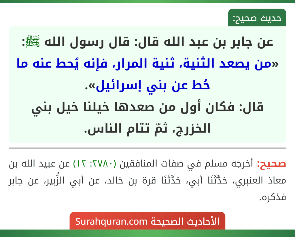 عن جابر بن عبد الله قال: قال رسول الله ﷺ: «من يصعد الثنية، ثنية المرار، فإنه يُحط عنه ما حُط عن بني إسرائيل».
قال: فكان أول من صعدها خيلنا خيل بني الخزرج، ثمّ تتام الناس. عن جابر بن عبد الله قال: قال رسول الله ﷺ: «من يصعد الثنية، ثنية المرار، فإنه يُحط عنه ما حُط عن بني إسرائيل».
قال: فكان أول من صعدها خيلنا خيل بني الخزرج، ثمّ تتام الناس.