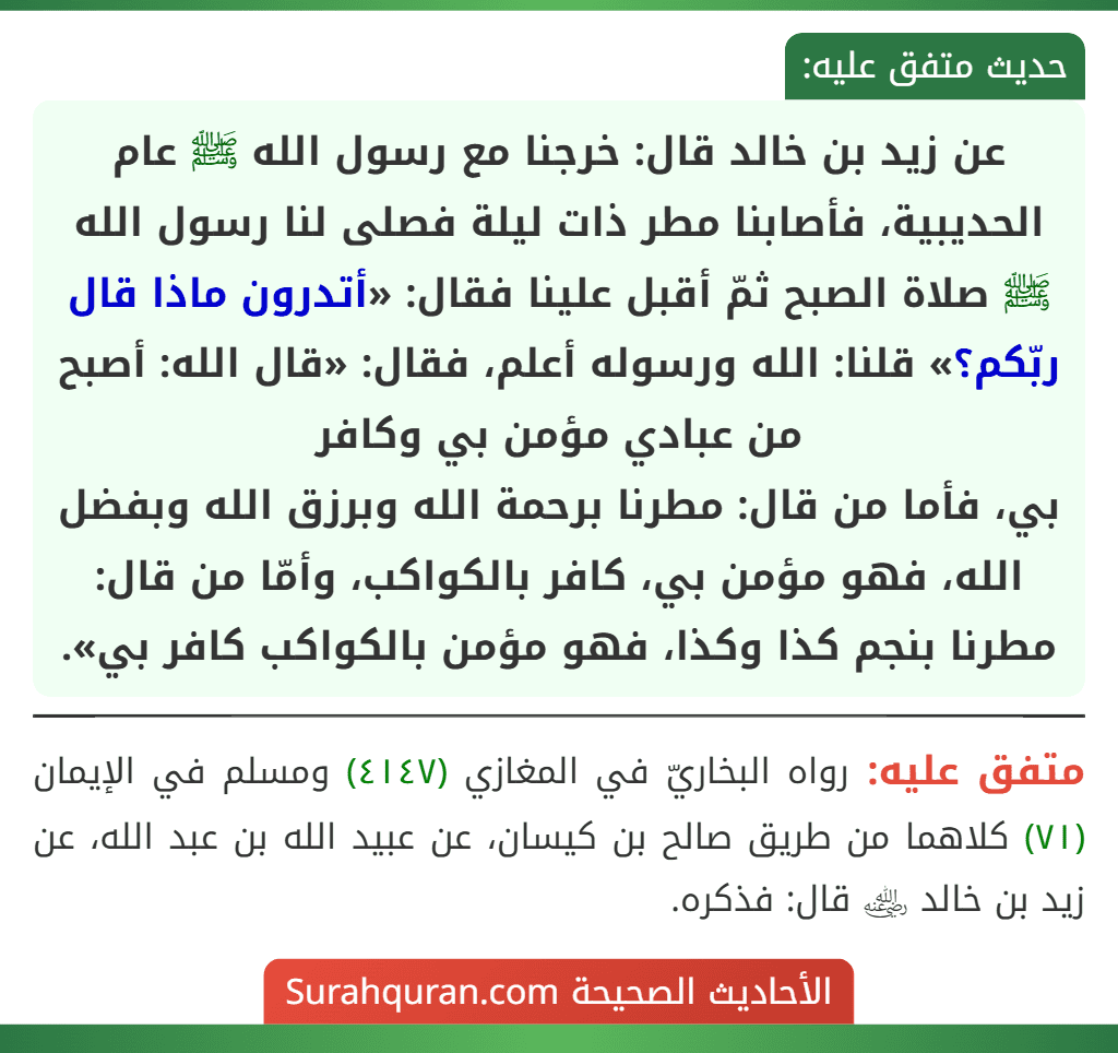 عن زيد بن خالد قال: خرجنا مع رسول الله ﷺ عام الحديبية، فأصابنا مطر ذات ليلة فصلى لنا رسول الله ﷺ صلاة الصبح ثمّ أقبل علينا فقال: «أتدرون ماذا قال ربّكم؟» قلنا: الله ورسوله أعلم، فقال: «قال الله: أصبح من عبادي مؤمن بي وكافر
بي، فأما من قال: مطرنا برحمة الله وبرزق الله وبفضل الله، فهو مؤمن بي، كافر بالكواكب، وأمّا من قال: مطرنا بنجم كذا وكذا، فهو مؤمن بالكواكب كافر بي».