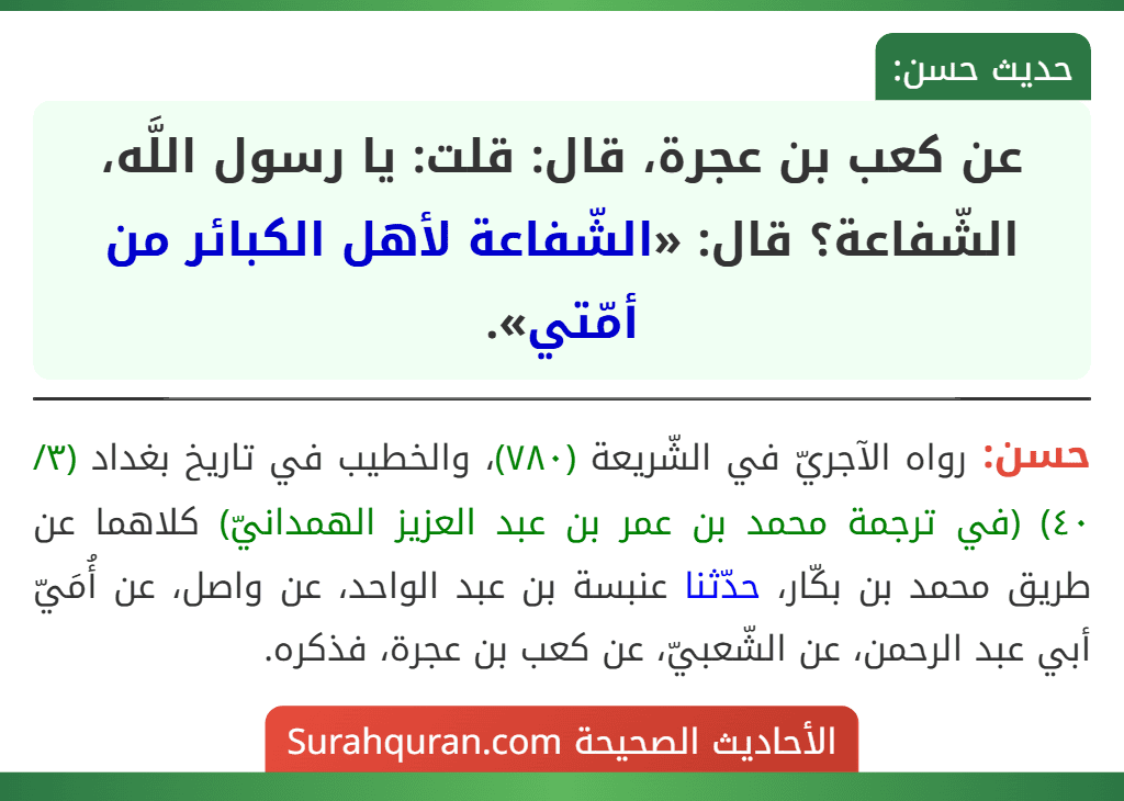 عن كعب بن عجرة، قال: قلت: يا رسول اللَّه، الشّفاعة؟ قال: «الشّفاعة لأهل الكبائر من أمّتي».