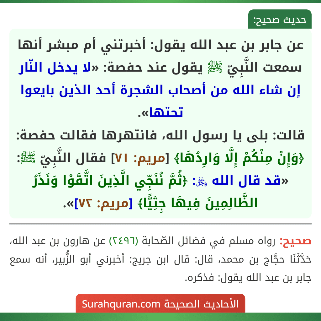 عن جابر بن عبد الله يقول: أخبرتني أم مبشر أنها سمعت النَّبِيّ ﷺ يقول عند حفصة: «لا يدخل النّار إن شاء الله من أصحاب الشجرة أحد الذين بايعوا تحتها».
قالت: بلى يا رسول الله، فانتهرها فقالت حفصة: ﴿وَإِنْ مِنْكُمْ إِلَّا وَارِدُهَا﴾ [مريم: ٧١] فقال النَّبِيّ ﷺ: «قد قال الله ﷿: ﴿ثُمَّ نُنَجِّي الَّذِينَ اتَّقَوْا وَنَذَرُ الظَّالِمِينَ فِيهَا جِثِيًّا﴾ [مريم: ٧٢]».