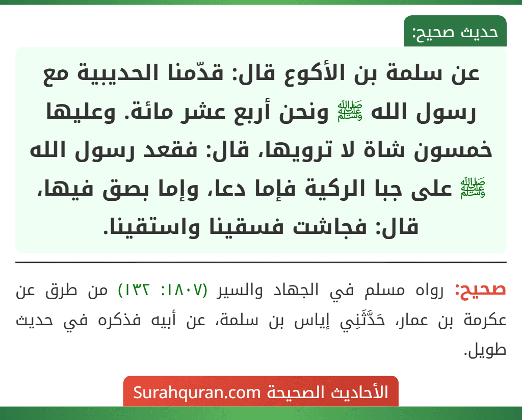 عن سلمة بن الأكوع قال: قدّمنا الحديبية مع رسول الله ﷺ ونحن أربع عشر مائة. وعليها خمسون شاة لا ترويها، قال: فقعد رسول الله ﷺ على جبا الركية فإما دعا، وإما بصق فيها، قال: فجاشت فسقينا واستقينا. عن سلمة بن الأكوع قال: قدّمنا الحديبية مع رسول الله ﷺ ونحن أربع عشر مائة. وعليها خمسون شاة لا ترويها، قال: فقعد رسول الله ﷺ على جبا الركية فإما دعا، وإما بصق فيها، قال: فجاشت فسقينا واستقينا.