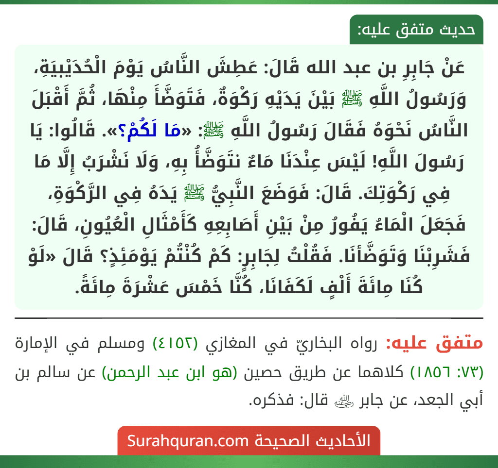 عَنْ جَابِرِ بن عبد الله قَالَ: عَطِشَ النَّاسُ يَوْمَ الْحُدَيْبيَةِ، وَرَسُولُ اللَّهِ ﷺ بَيْنَ يَدَيْهِ رَكْوَةٌ، فَتَوَضَّأَ مِنْهَا، ثُمَّ أَقْبَلَ النَّاسُ نَحْوَهُ فَقَالَ رَسُولُ اللَّهِ ﷺ: «مَا لَكُمْ؟». قَالُوا: يَا رَسُولَ اللَّهِ! لَيْسَ عِنْدَنَا مَاءٌ نتَوَضَّأُ بِهِ، وَلَا نَشْرَبُ إِلَّا مَا فِي رَكْوَتِكَ. قَالَ: فَوَضَعَ النَّبِيُّ ﷺ يَدَهُ فِي الرَّكْوَةِ، فَجَعَلَ الْمَاءُ يَفُورُ مِنْ بَيْنِ أَصَابِعِهِ كَأَمْثَالِ الْعُيُونِ، قَالَ: فَشَرِبْنَا وَتَوَضَّأنَا. فَقُلْتُ لِجَابِرٍ: كَمْ كُنْتُمْ يَوْمَئِذٍ؟ قَالَ «لَوْ كُنَا مِائَةَ أَلْفٍ لَكَفَانَا، كُنَّا خَمْسَ عَشْرَةَ مِائَةً.