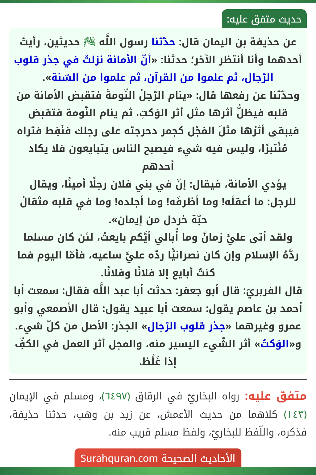 عن حذيفة بن اليمان قال: حدّثنا رسول اللَّه ﷺ حديثين، رأيتُ أحدهما وأنا أنتظر الآخر؛ حدثنا: «أنّ الأمانة نزلتْ في جذر قلوب الرّجال، ثم علموا من القرآن، ثم علموا من السّنة».
وحدّثنا عن رفعها قال: «ينام الرّجلُ النّومةَ فتقبض الأمانة من قلبه فيظلُّ أثرها مثل أثر الوَكتِ، ثم ينام النّومة فتقبض فيبقى أثرُها مثلَ المَجْل كجمر دحرجته على رجلك فنَفِط فتراه مُنْتبرًا، وليس فيه شيء فيصبح الناس يتبايعون فلا يكاد أحدهم
يؤدي الأمانة، فيقال: إنّ في بني فلان رجلًا أمينًا، ويقال للرجل: ما أعقلَه! وما أظرفَه! وما أجلده! وما في قلبه مثقالُ حبّة خردل من إيمان».
ولقد أتى عليَّ زمانٌ وما أُبالي أيَّكم بايعتُ، لئن كان مسلما ردَّهُ الإسلام وإن كان نصرانيًّا ردّه عليَّ ساعيه، فأمّا اليوم فما كنتُ أبايع إلا فلانًا وفلانًا.
قال الفربريّ: قال أبو جعفر: حدثت أبا عبد اللَّه فقال: سمعت أبا أحمد بن عاصم يقول: سمعت أبا عبيد يقول: قال الأصمعي وأبو عمرو وغيرهما «جذر قلوب الرّجال» الجذر: الأصل من كلّ شيء.
و«الوَكتُ» أثر الشّيء اليسير منه، والمجل أثر العمل في الكفِّ إذا غَلُظ.