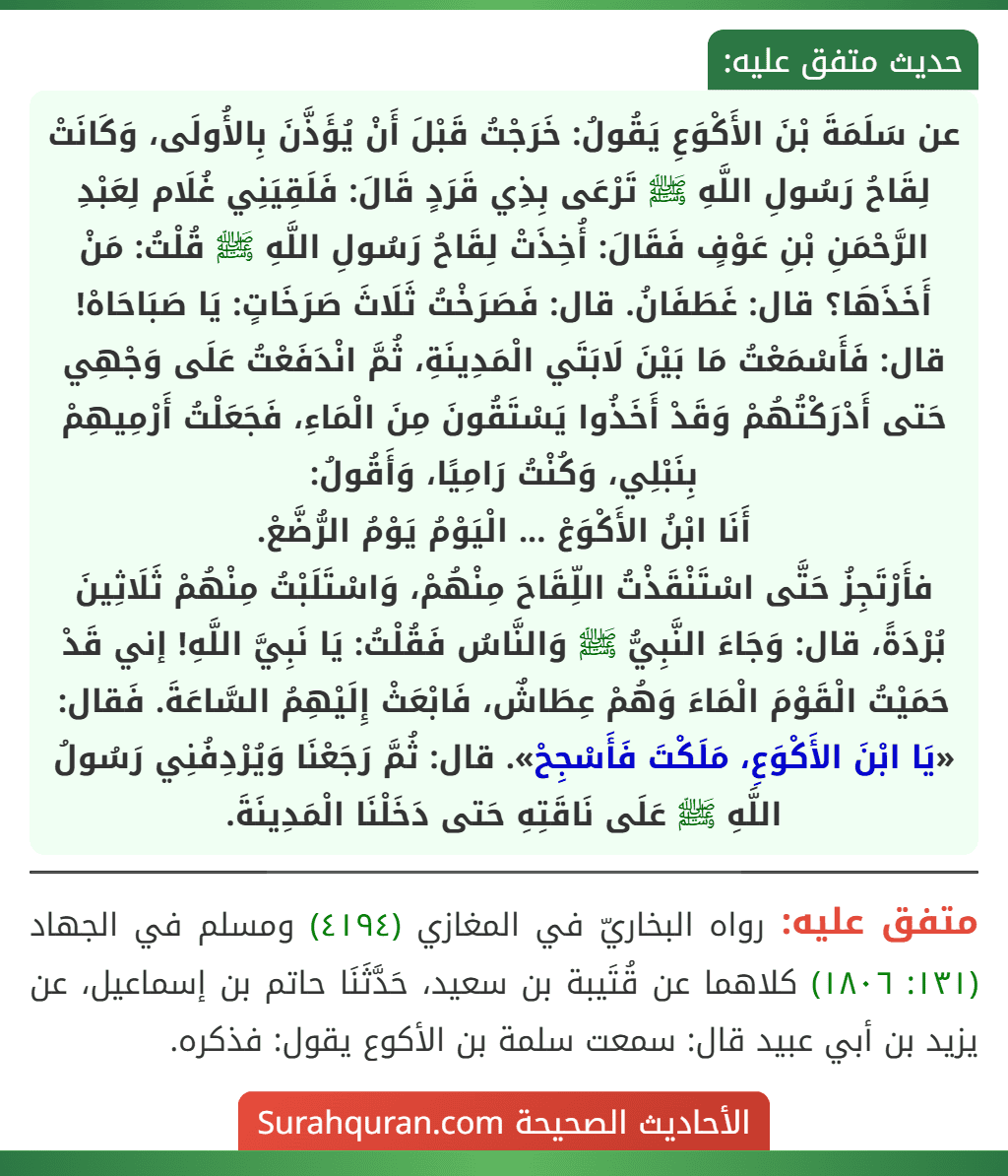 عن سَلَمَةَ بْنَ الأَكْوَعِ يَقُولُ: خَرَجْتُ قَبْلَ أَنْ يُؤَذَّنَ بِالأُولَى، وَكَانَتْ لِقَاحُ رَسُولِ اللَّهِ ﷺ تَرْعَى بِذِي قَرَدٍ قَالَ: فَلَقِيَنِي غُلَام لِعَبْدِ الرَّحْمَنِ بْنِ عَوْفٍ فَقَالَ: أُخِذَتْ لِقَاحُ رَسُولِ اللَّهِ ﷺ قُلْتُ: مَنْ أَخَذَهَا؟ قال: غَطَفَانُ. قال: فَصَرَخْتُ ثَلَاثَ صَرَخَاتٍ: يَا صَبَاحَاهْ! قال: فَأَسْمَعْتُ مَا بَيْنَ لَابَتَي الْمَدِينَةِ، ثُمَّ انْدَفَعْتُ عَلَى وَجْهِي حَتى أَدْرَكْتُهُمْ وَقَدْ أَخَذُوا يَسْتَقُونَ مِنَ الْمَاءِ، فَجَعَلْتُ أَرْمِيهِمْ بِنَبْلِي، وَكُنْتُ رَامِيًا، وَأَقُولُ:
أَنَا ابْنُ الأَكْوَعْ ... الْيَوْمُ يَوْمُ الرُّضَّعْ.
فأَرْتَجِزُ حَتَّى اسْتَنْقَذْتُ اللِّقَاحَ مِنْهُمْ، وَاسْتَلَبْتُ مِنْهُمْ ثَلَاثِينَ بُرْدَةً، قال: وَجَاءَ النَّبِيُّ ﷺ وَالنَّاسُ فَقُلْتُ: يَا نَبِيَّ اللَّهِ! إني قَدْ حَمَيْتُ الْقَوْمَ الْمَاءَ وَهُمْ عِطَاشٌ، فَابْعَثْ إِلَيْهِمُ السَّاعَةَ. فَقال: «يَا ابْنَ الأَكْوَعِ، مَلَكْتَ فَأَسْجِحْ». قال: ثُمَّ رَجَعْنَا وَيُرْدِفُنِي رَسُولُ اللَّهِ ﷺ عَلَى نَاقَتِهِ حَتى دَخَلْنَا الْمَدِينَةَ.