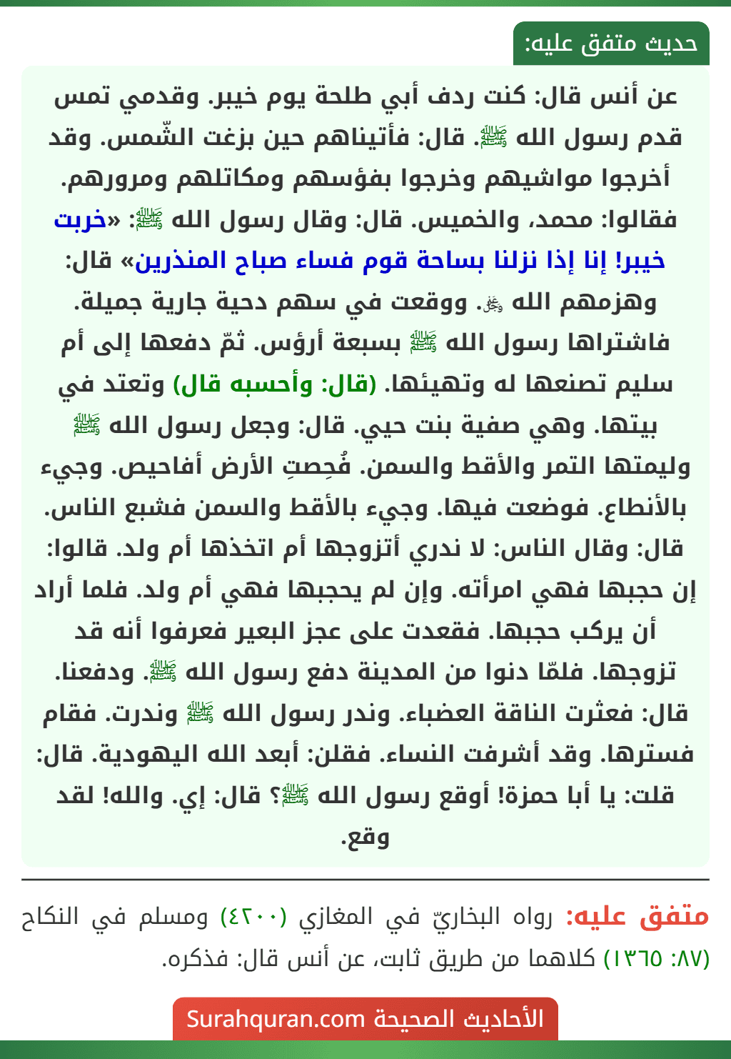 عن أنس قال: كنت ردف أبي طلحة يوم خيبر. وقدمي تمس قدم رسول الله ﷺ. قال: فأتيناهم حين بزغت الشّمس. وقد أخرجوا مواشيهم وخرجوا بفؤسهم ومكاتلهم ومرورهم. فقالوا: محمد، والخميس. قال: وقال رسول الله ﷺ: «خربت خيبر! إنا إذا نزلنا بساحة قوم فساء صباح المنذرين» قال: وهزمهم الله ﷿. ووقعت في سهم دحية جارية جميلة. فاشتراها رسول الله ﷺ بسبعة أرؤس. ثمّ دفعها إلى أم سليم تصنعها له وتهيئها. (قال: وأحسبه قال) وتعتد في بيتها. وهي صفية بنت حيي. قال: وجعل رسول الله ﷺ وليمتها التمر والأقط والسمن. فُحِصتِ الأرض أفاحيص. وجيء بالأنطاع. فوضعت فيها. وجيء بالأقط والسمن فشبع الناس. قال: وقال الناس: لا ندري أتزوجها أم اتخذها أم ولد. قالوا: إن حجبها فهي امرأته. وإن لم يحجبها فهي أم ولد. فلما أراد أن يركب حجبها. فقعدت على عجز البعير فعرفوا أنه قد تزوجها. فلمّا دنوا من المدينة دفع رسول الله ﷺ. ودفعنا. قال: فعثرت الناقة العضباء. وندر رسول الله ﷺ وندرت. فقام فسترها. وقد أشرفت النساء. فقلن: أبعد الله اليهودية. قال: قلت: يا أبا حمزة! أوقع رسول الله ﷺ؟ قال: إي. والله! لقد وقع.