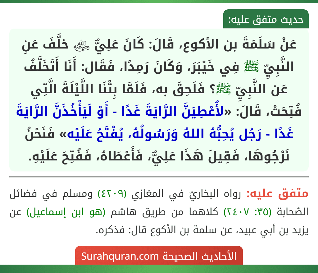 عَنْ سَلَمَةَ بن الأكوع، قَالَ: كَانَ عَلِيٌّ ﵁ خلَّفَ عَنِ النَّبِيِّ ﷺ فِي خَيْبَرَ، وَكَانَ رَمِدًا، فَقَال: أَنَا أَتَخَلَّفُ عَن النَّبِيِّ ﷺ؟ فَلَحِقَ به، فَلَمَّا بِتْنَا اللَّيْلَةَ الَّتِي فُتِحَتْ، قَالَ: «لأُعْطِيَنَّ الرَّايَةَ غَدًا - أَوْ لَيَأْخُذَنَّ الرَّايَةَ غَدًا - رَجُل يُحِبُّهُ اللهُ وَرَسُولُهُ، يُفْتَحُ عَلَيْه» فَنَحْنُ نَرْجُوهَا، فَقِيلَ هَذَا عَلِيٌّ، فَأَعْطَاهُ، فَفُتِحَ عَلَيْهِ.