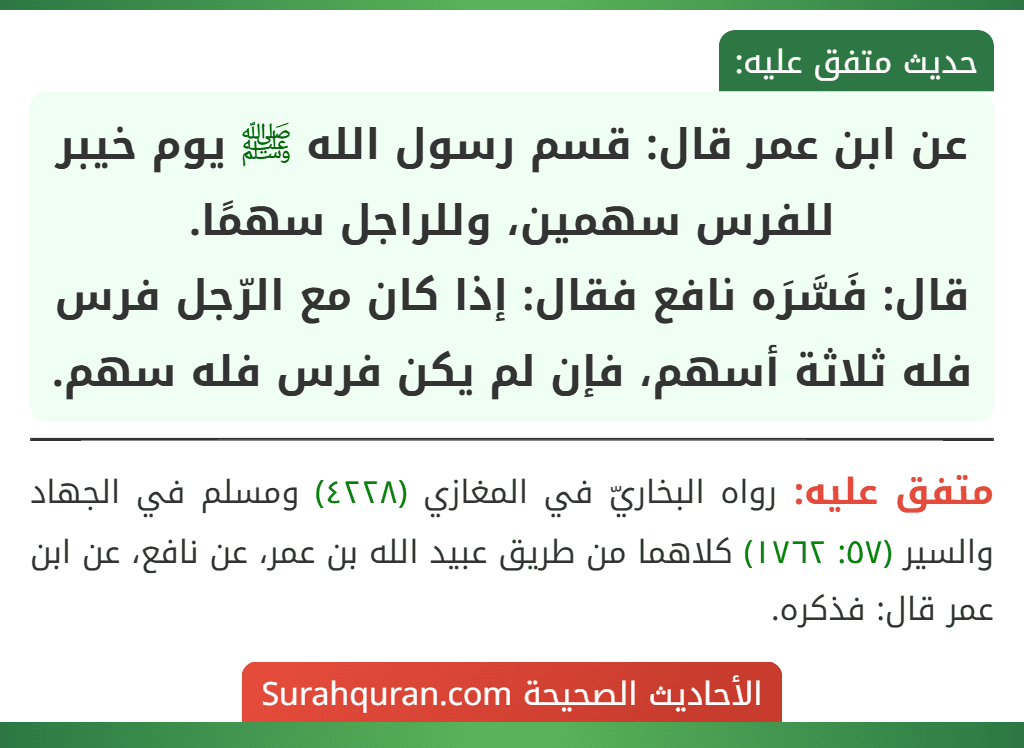 عن ابن عمر قال: قسم رسول الله ﷺ يوم خيبر للفرس سهمين، وللراجل سهمًا.
قال: فَسَّرَه نافع فقال: إذا كان مع الرّجل فرس فله ثلاثة أسهم، فإن لم يكن فرس فله سهم.