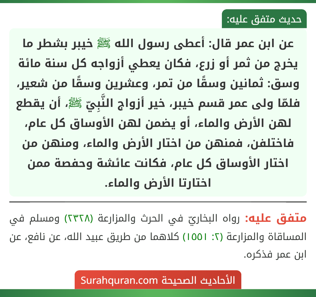 عن ابن عمر قال: أعطى رسول الله ﷺ خيبر بشطر ما يخرج من ثمر أو زرع، فكان يعطي أزواجه كل سنة مائة وسق: ثمانين وسقًا من تمر، وعشرين وسقًا من شعير، فلمّا ولى عمر قسم خيبر، خير أزواج النَّبِيّ ﷺ، أن يقطع لهن الأرض والماء، أو يضمن لهن الأوساق كل عام، فاختلفن، فمنهن من اختار الأرض والماء، ومنهن من اختار الأوساق كل عام، فكانت عائشة وحفصة ممن اختارتا الأرض والماء.