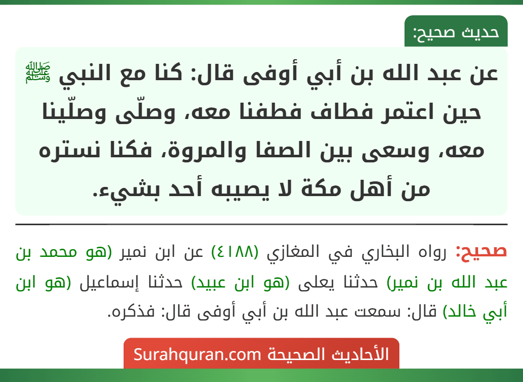 عن عبد الله بن أبي أوفى قال: كنا مع النبي ﷺ حين اعتمر فطاف فطفنا معه، وصلّى وصلّينا معه، وسعى بين الصفا والمروة، فكنا نستره من أهل مكة لا يصيبه أحد بشيء. عن عبد الله بن أبي أوفى قال: كنا مع النبي ﷺ حين اعتمر فطاف فطفنا معه، وصلّى وصلّينا معه، وسعى بين الصفا والمروة، فكنا نستره من أهل مكة لا يصيبه أحد بشيء.