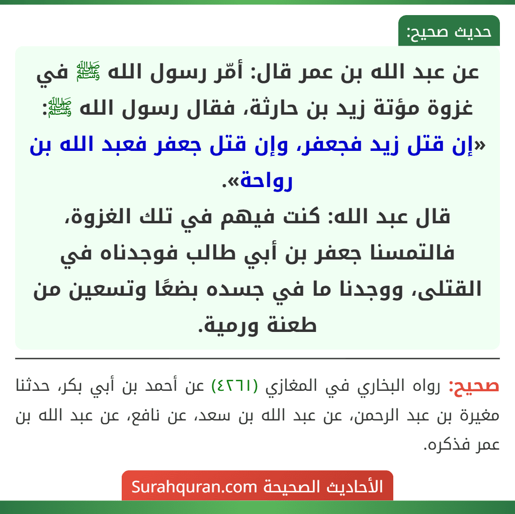 عن عبد الله بن عمر قال: أمّر رسول الله ﷺ في غزوة مؤتة زيد بن حارثة، فقال رسول الله ﷺ: «إن قتل زيد فجعفر، وإن قتل جعفر فعبد الله بن رواحة».
قال عبد الله: كنت فيهم في تلك الغزوة، فالتمسنا جعفر بن أبي طالب فوجدناه في القتلى، ووجدنا ما في جسده بضعًا وتسعين من طعنة ورمية.