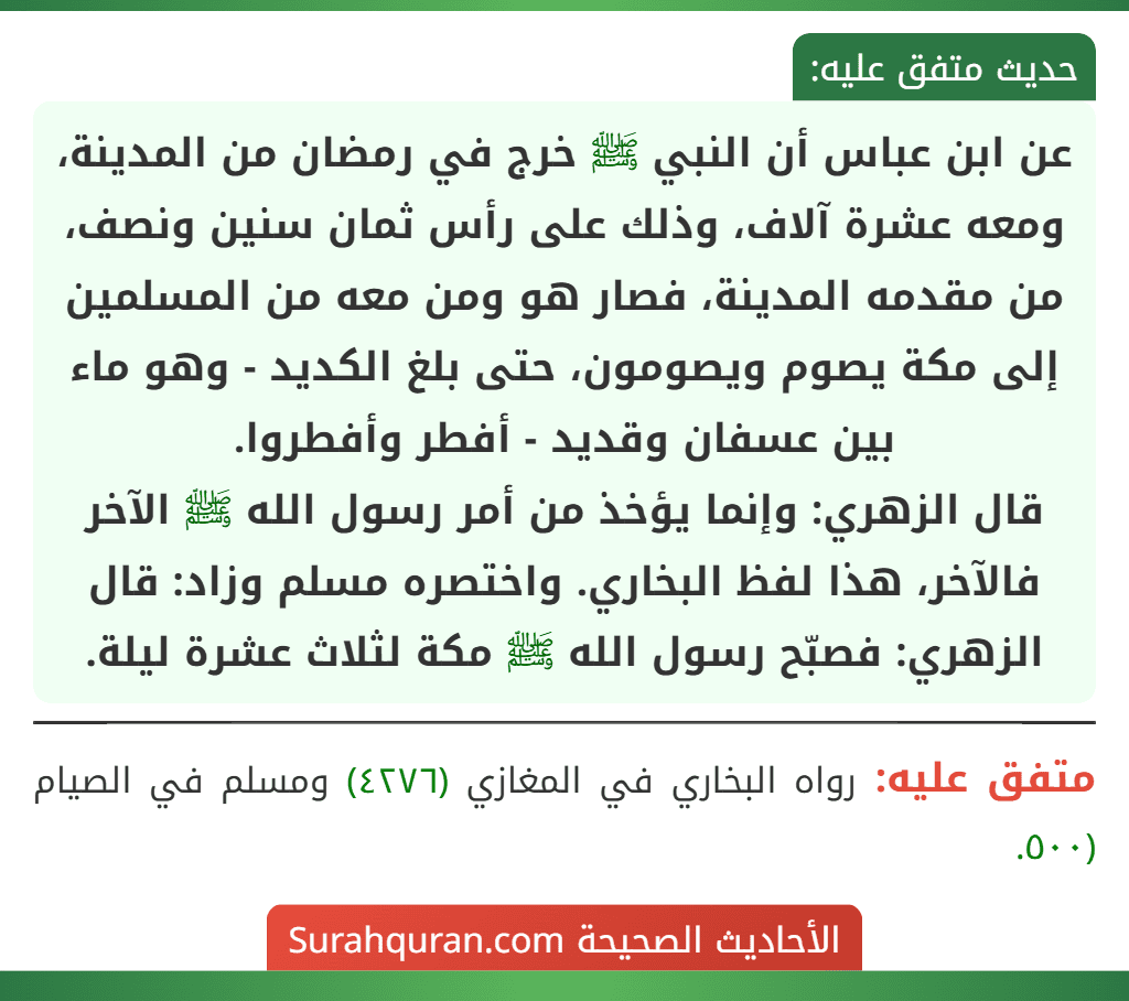 عن ابن عباس أن النبي ﷺ خرج في رمضان من المدينة، ومعه عشرة آلاف، وذلك على رأس ثمان سنين ونصف، من مقدمه المدينة، فصار هو ومن معه من المسلمين إلى مكة يصوم ويصومون، حتى بلغ الكديد - وهو ماء بين عسفان وقديد - أفطر وأفطروا.
قال الزهري: وإنما يؤخذ من أمر رسول الله ﷺ الآخر فالآخر، هذا لفظ البخاري. واختصره مسلم وزاد: قال الزهري: فصبّح رسول الله ﷺ مكة لثلاث عشرة ليلة.
