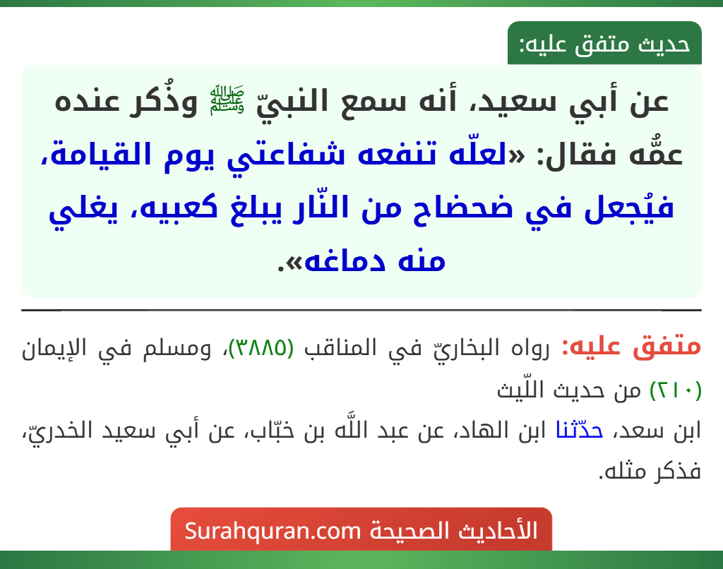 عن أبي سعيد، أنه سمع النبيّ ﷺ وذُكر عنده عمُّه فقال: «لعلّه تنفعه شفاعتي يوم القيامة، فيُجعل في ضحضاح من النّار يبلغ كعبيه، يغلي منه دماغه».