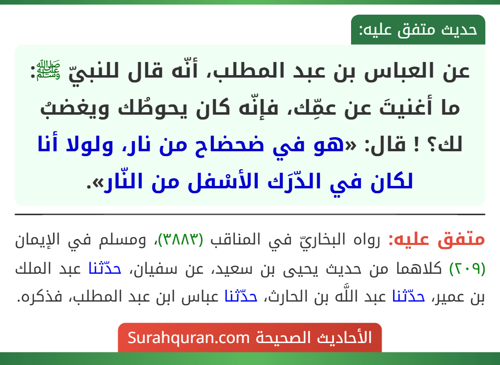 عن العباس بن عبد المطلب، أنّه قال للنبيّ ﷺ: ما أغنيتَ عن عمِّك، فإنّه كان يحوطُك ويغضبُ لك؟ ! قال: «هو في ضحضاح من نار، ولولا أنا لكان في الدّرَك الأسْفل من النّار».