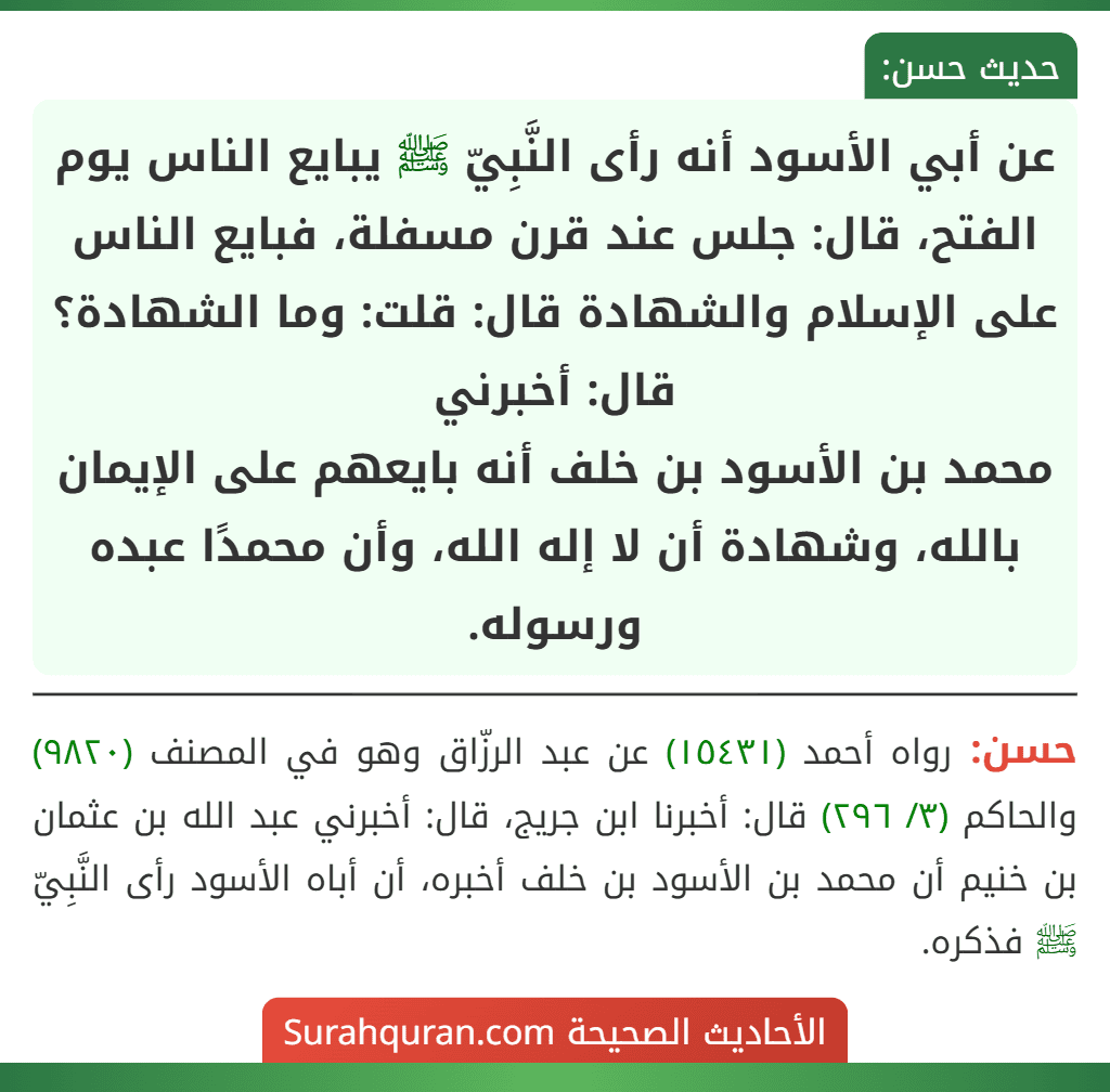 عن أبي الأسود أنه رأى النَّبِيّ ﷺ يبايع الناس يوم الفتح، قال: جلس عند قرن مسفلة، فبايع الناس على الإسلام والشهادة قال: قلت: وما الشهادة؟ قال: أخبرني
محمد بن الأسود بن خلف أنه بايعهم على الإيمان بالله، وشهادة أن لا إله الله، وأن محمدًا عبده ورسوله.