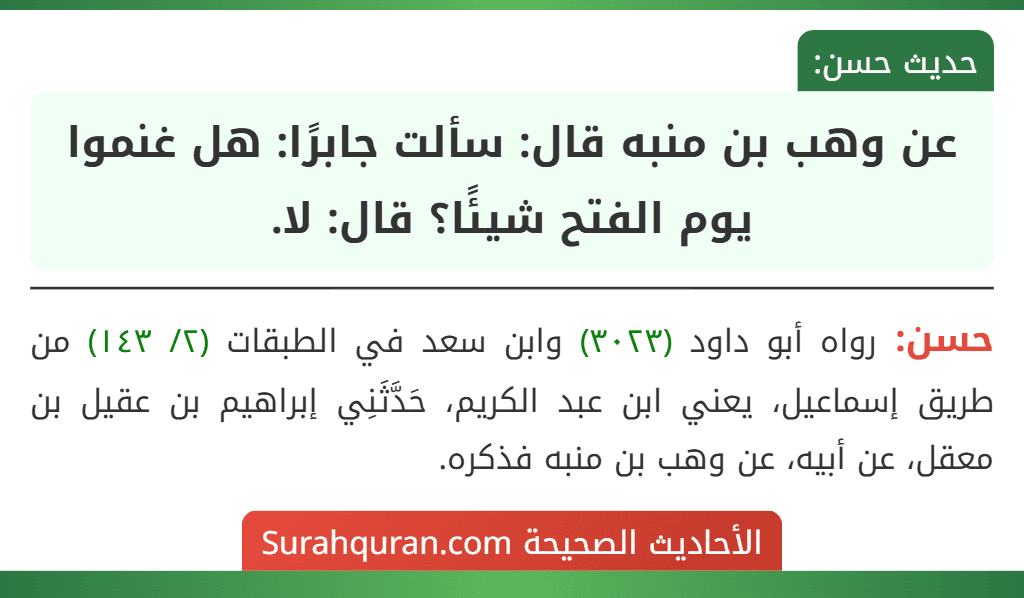 عن وهب بن منبه قال: سألت جابرًا: هل غنموا يوم الفتح شيئًا؟ قال: لا.