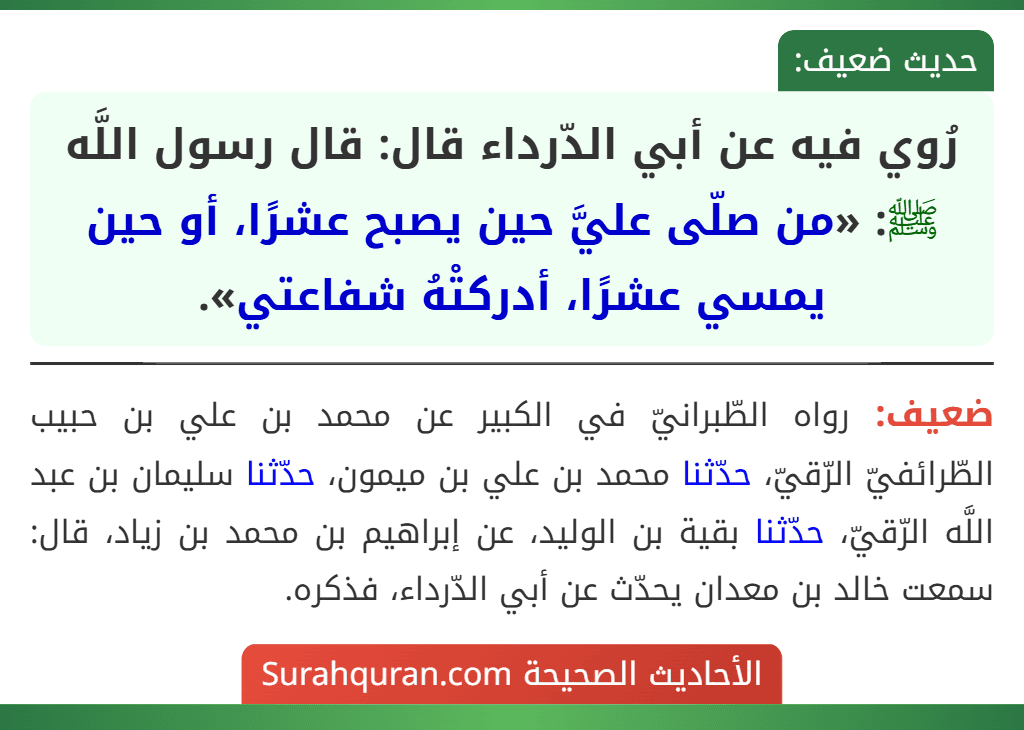 رُوي فيه عن أبي الدّرداء قال: قال رسول اللَّه ﷺ: «من صلّى عليَّ حين يصبح عشرًا، أو حين يمسي عشرًا، أدركتْهُ شفاعتي».