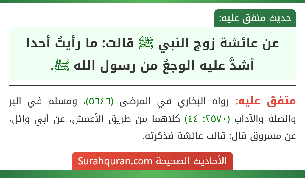 عن عائشة زوج النبي ﷺ قالت: ما رأيتُ أحدا أشدَّ عليه الوجعُ من رسول الله ﷺ.