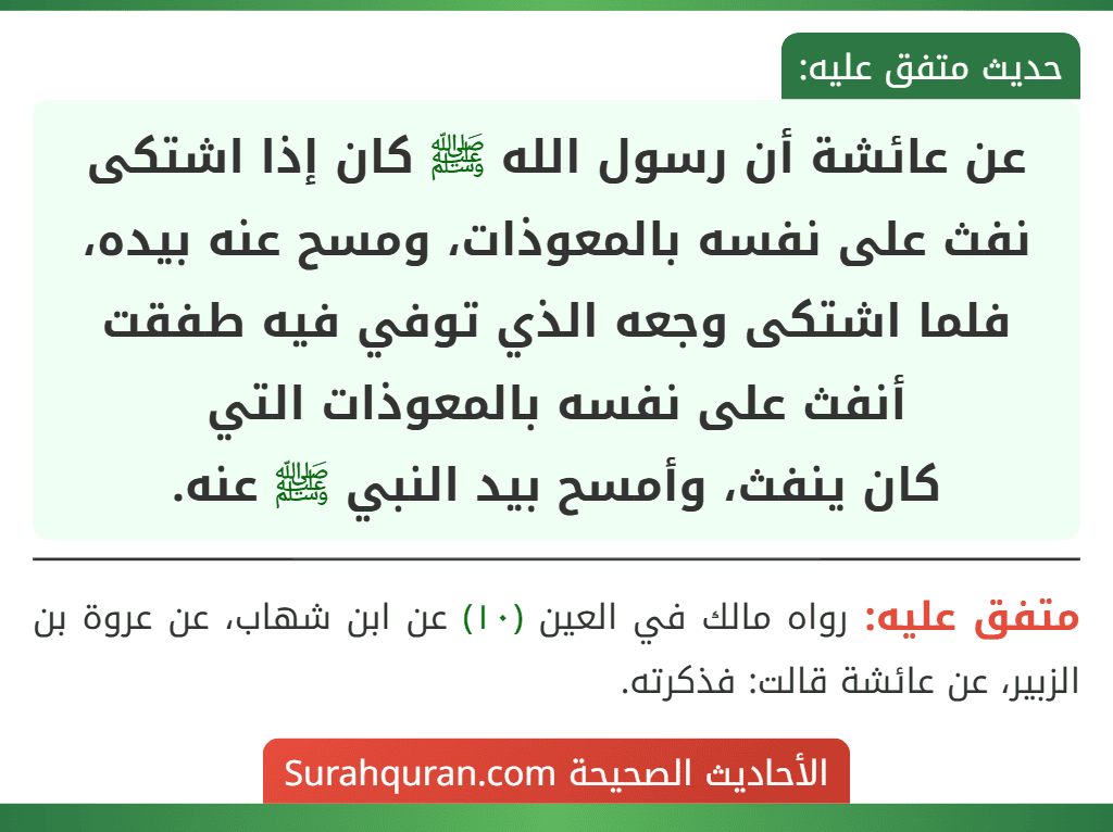 عن عائشة أن رسول الله ﷺ كان إذا اشتكى نفث على نفسه بالمعوذات، ومسح عنه بيده، فلما اشتكى وجعه الذي توفي فيه طفقت أنفث على نفسه بالمعوذات التي
كان ينفث، وأمسح بيد النبي ﷺ عنه.
