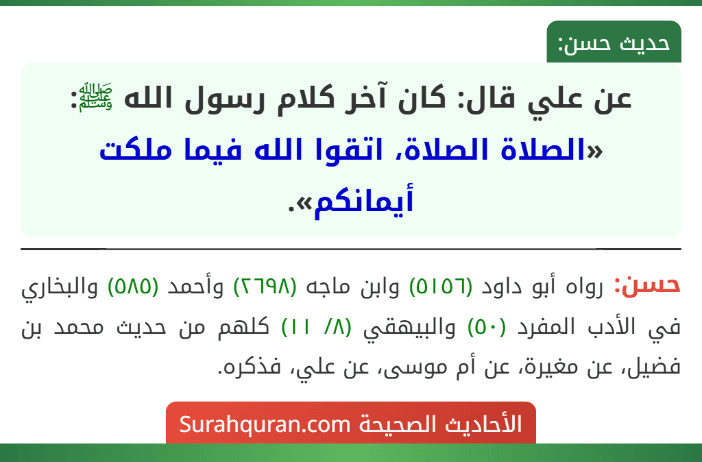 عن علي قال: كان آخر كلام رسول الله ﷺ: «الصلاة الصلاة، اتقوا الله فيما ملكت أيمانكم».