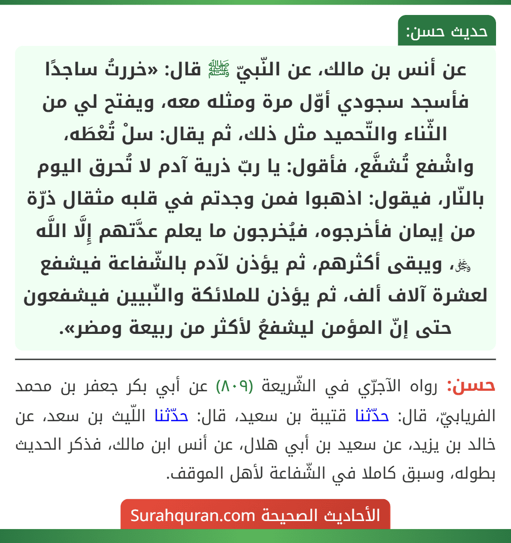 عن أنس بن مالك، عن النّبيّ ﷺ قال: «خررتُ ساجدًا فأسجد سجودي أوّل مرة ومثله معه، ويفتح لي من الثّناء والتّحميد مثل ذلك، ثم يقال: سلْ تُعْطَه،
واشْفع تُشفَّع، فأقول: يا ربّ ذرية آدم لا تُحرق اليوم بالنّار، فيقول: اذهبوا فمن وجدتم في قلبه مثقال ذرّة من إيمان فأخرجوه، فيُخرجون ما يعلم عدَّتهم إِلَّا اللَّه ﷿، ويبقى أكثرهم، ثم يؤذن لآدم بالشّفاعة فيشفع لعشرة آلاف ألف، ثم يؤذن للملائكة والنّبيين فيشفعون حتى إنّ المؤمن ليشفعُ لأكثر من ربيعة ومضر».
