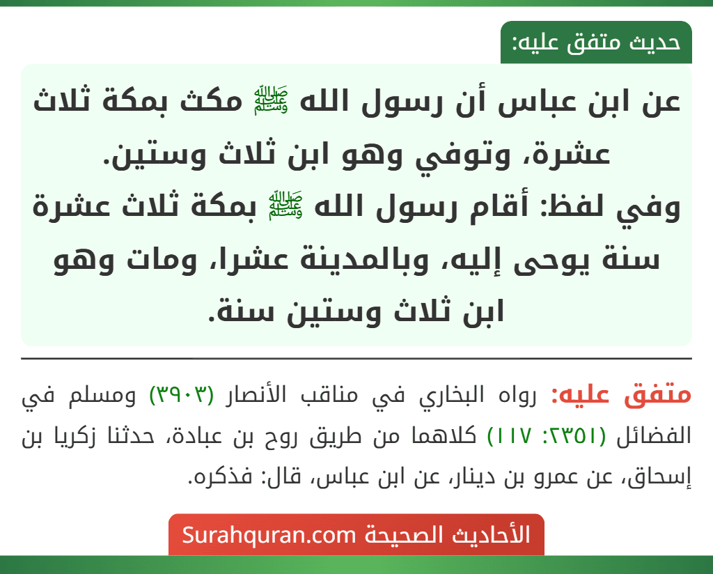 عن ابن عباس أن رسول الله ﷺ مكث بمكة ثلاث عشرة، وتوفي وهو ابن ثلاث وستين.
وفي لفظ: أقام رسول الله ﷺ بمكة ثلاث عشرة سنة يوحى إليه، وبالمدينة عشرا، ومات وهو ابن ثلاث وستين سنة.