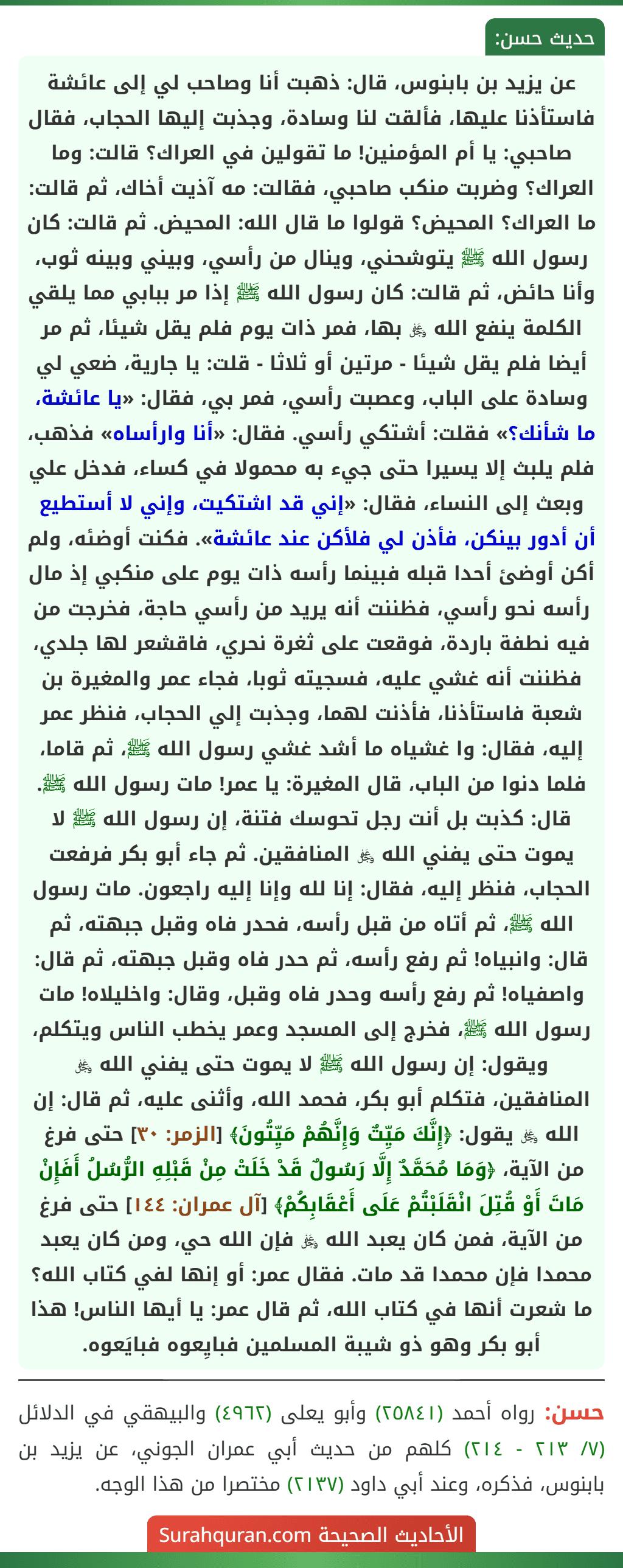 عن يزيد بن بابنوس، قال: ذهبت أنا وصاحب لي إلى عائشة فاستأذنا عليها، فألقت لنا وسادة، وجذبت إليها الحجاب، فقال صاحبي: يا أم المؤمنين! ما تقولين في العراك؟ قالت: وما العراك؟ وضربت منكب صاحبي، فقالت: مه آذيت أخاك، ثم قالت: ما العراك؟ المحيض؟ قولوا ما قال الله: المحيض. ثم قالت: كان رسول الله ﷺ يتوشحني، وينال من رأسي، وبيني وبينه ثوب، وأنا حائض، ثم قالت: كان رسول الله ﷺ إذا مر ببابي مما يلقي الكلمة ينفع الله ﷿ بها، فمر ذات يوم فلم يقل شيئا، ثم مر أيضا فلم يقل شيئا - مرتين أو ثلاثا - قلت: يا جارية، ضعي لي وسادة على الباب، وعصبت رأسي، فمر بي، فقال: «يا عائشة، ما شأنك؟» فقلت: أشتكي رأسي. فقال: «أنا وارأساه» فذهب، فلم يلبث إلا يسيرا حتى جيء به محمولا في كساء، فدخل علي وبعث إلى النساء، فقال: «إني قد اشتكيت، وإني لا أستطيع أن أدور بينكن، فأذن لي فلأكن عند عائشة». فكنت أوضئه، ولم أكن أوضئ أحدا قبله فبينما رأسه ذات يوم على منكبي إذ مال رأسه نحو رأسي، فظننت أنه يريد من رأسي حاجة، فخرجت من فيه نطفة باردة، فوقعت على ثغرة نحري، فاقشعر لها جلدي، فظننت أنه غشي عليه، فسجيته ثوبا، فجاء عمر والمغيرة بن شعبة فاستأذنا، فأذنت لهما، وجذبت إلي الحجاب، فنظر عمر إليه، فقال: وا غشياه ما أشد غشي رسول الله ﷺ، ثم قاما، فلما دنوا من الباب، قال المغيرة: يا عمر! مات رسول الله ﷺ. قال: كذبت بل أنت رجل تحوسك فتنة، إن رسول الله ﷺ لا يموت حتى يفني الله ﷿ المنافقين. ثم جاء أبو بكر فرفعت الحجاب، فنظر إليه، فقال: إنا لله وإنا إليه راجعون. مات رسول الله ﷺ، ثم أتاه من قبل رأسه، فحدر فاه وقبل جبهته، ثم قال: وانبياه! ثم رفع رأسه، ثم حدر فاه وقبل جبهته، ثم قال: واصفياه! ثم رفع رأسه وحدر فاه وقبل، وقال: واخليلاه! مات رسول الله ﷺ، فخرج إلى المسجد وعمر يخطب الناس ويتكلم، ويقول: إن رسول الله ﷺ لا يموت حتى يفني الله ﷿ المنافقين، فتكلم أبو بكر، فحمد الله، وأثنى عليه، ثم قال: إن الله ﷿ يقول: ﴿إِنَّكَ مَيِّتٌ وَإِنَّهُمْ مَيِّتُونَ﴾ [الزمر: ٣٠] حتى فرغ من الآية، ﴿وَمَا مُحَمَّدٌ إِلَّا رَسُولٌ قَدْ خَلَتْ مِنْ قَبْلِهِ الرُّسُلُ أَفَإِنْ مَاتَ أَوْ قُتِلَ انْقَلَبْتُمْ عَلَى أَعْقَابِكُمْ﴾ [آل عمران: ١٤٤] حتى فرغ من الآية، فمن كان يعبد الله ﷿ فإن الله حي، ومن كان يعبد
محمدا فإن محمدا قد مات. فقال عمر: أو إنها لفي كتاب الله؟ ما شعرت أنها في كتاب الله، ثم قال عمر: يا أيها الناس! هذا أبو بكر وهو ذو شيبة المسلمين فبايِعوه فبايَعوه.