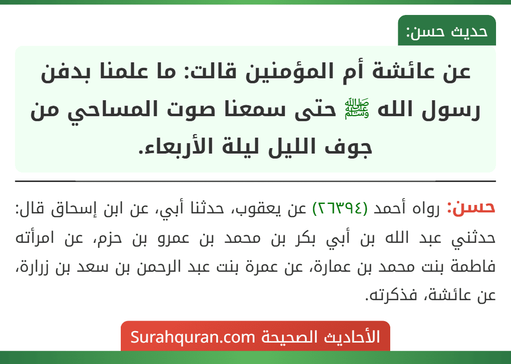 عن عائشة أم المؤمنين قالت: ما علمنا بدفن رسول الله ﷺ حتى سمعنا صوت المساحي من جوف الليل ليلة الأربعاء.