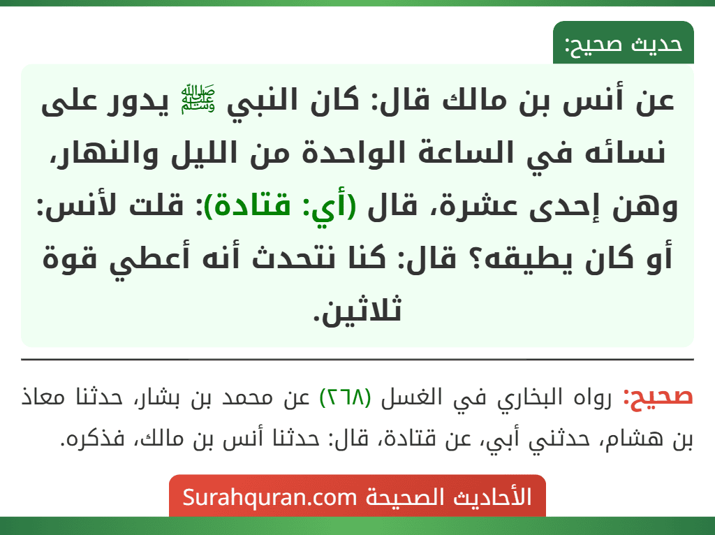 عن أنس بن مالك قال: كان النبي ﷺ يدور على نسائه في الساعة الواحدة من الليل والنهار، وهن إحدى عشرة، قال (أي: قتادة): قلت لأنس: أو كان يطيقه؟ قال: كنا نتحدث أنه أعطي قوة ثلاثين.