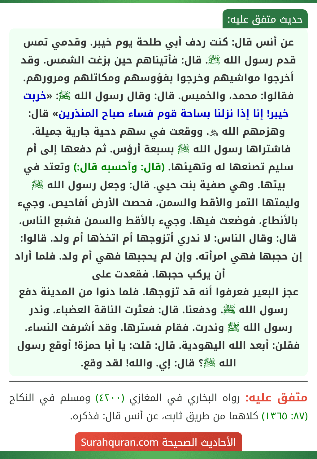 عن أنس قال: كنت ردف أبي طلحة يوم خيبر. وقدمي تمس قدم رسول الله ﷺ. قال: فأتيناهم حين بزغت الشمس. وقد أخرجوا مواشيهم وخرجوا بفؤوسهم ومكاتلهم ومرورهم. فقالوا: محمد، والخميس. قال: وقال رسول الله ﷺ: «خربت خيبر! إنا إذا نزلنا بساحة قوم فساء صباح المنذرين» قال: وهزمهم الله ﷿. ووقعت في سهم دحية جارية جميلة. فاشتراها رسول الله ﷺ بسبعة أرؤس. ثم دفعها إلى أم سليم تصنعها له وتهيئها. (قال: وأحسبه قال:) وتعتد في بيتها. وهي صفية بنت حيي. قال: وجعل رسول الله ﷺ وليمتها التمر والأقط والسمن. فحصت الأرض أفاحيص. وجيء بالأنطاع. فوضعت فيها. وجيء بالأقط والسمن فشبع الناس. قال: وقال الناس: لا ندري أتزوجها أم اتخذها أم ولد. قالوا: إن حجبها فهي امرأته. وإن لم يحجبها فهي أم ولد. فلما أراد أن يركب حجبها. فقعدت على
عجز البعير فعرفوا أنه قد تزوجها. فلما دنوا من المدينة دفع رسول الله ﷺ. ودفعنا. قال: فعثرت الناقة العضباء. وندر رسول الله ﷺ وندرت. فقام فسترها. وقد أشرفت النساء. فقلن: أبعد الله اليهودية. قال: قلت: يا أبا حمزة! أوقع رسول الله ﷺ؟ قال: إي. والله! لقد وقع.