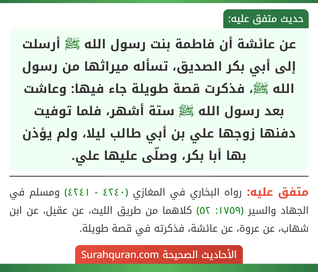 عن عائشة أن فاطمة بنت رسول الله ﷺ أرسلت إلى أبي بكر الصديق، تسأله ميراثها من رسول الله ﷺ، فذكرت قصة طويلة جاء فيها: وعاشت بعد رسول الله ﷺ ستة أشهر، فلما توفيت دفنها زوجها علي بن أبي طالب ليلا، ولم يؤذن بها أبا بكر، وصلّى عليها علي.